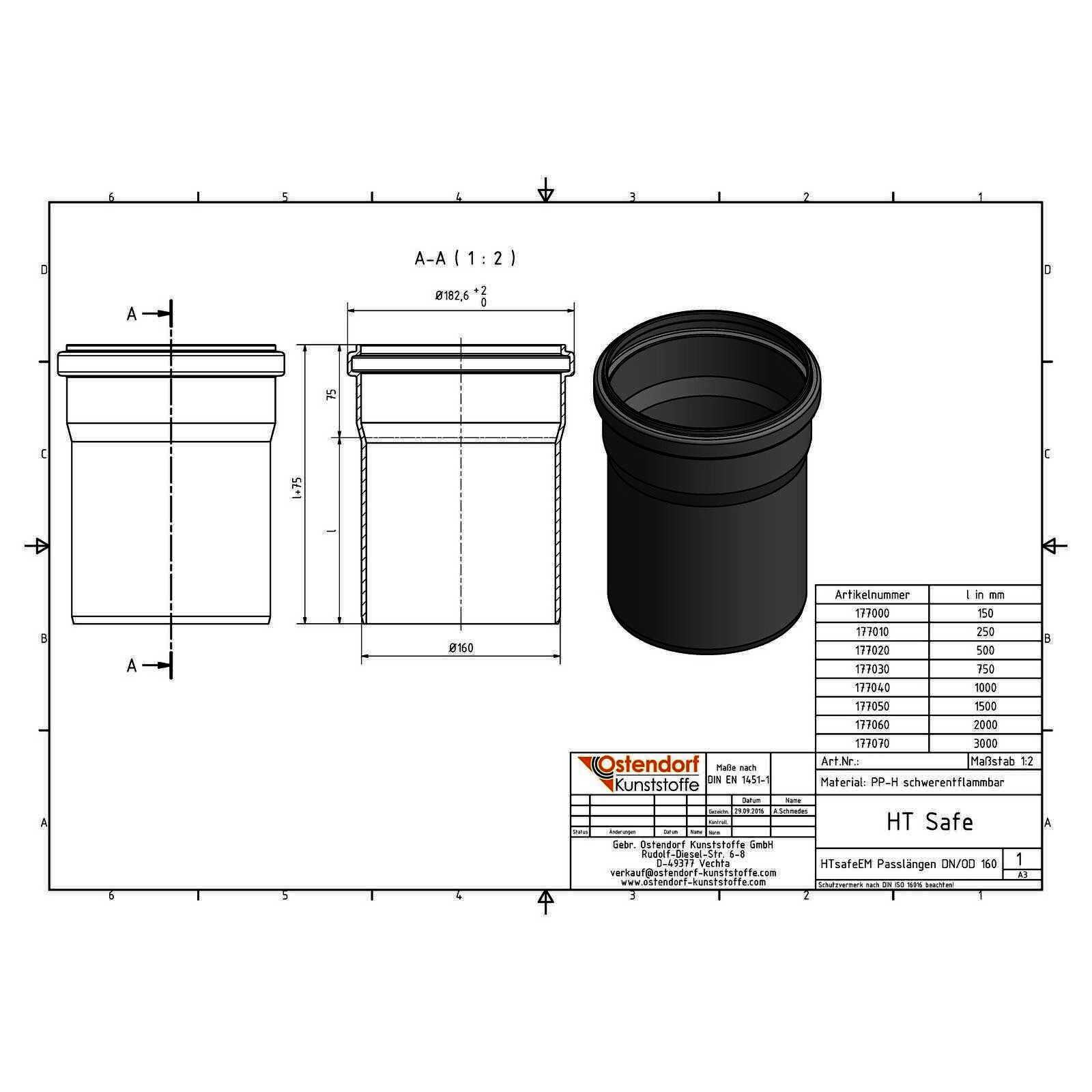 HTsafeEM Rohr DN 160 x 1000 mm