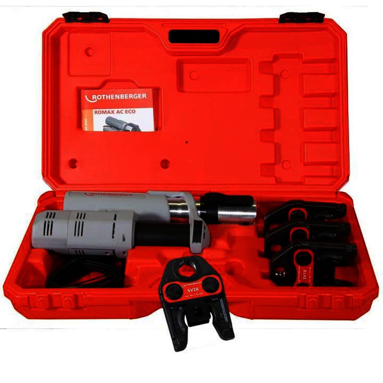 Rothenberger elektrohydraulische Fitting - Pressmaschine ROMAX AC ECO, Set mit Pressbacken Kontur "V"
