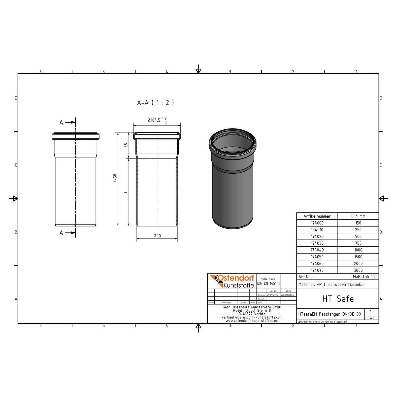 HTsafeEM Rohr DN 90 x 250 mm