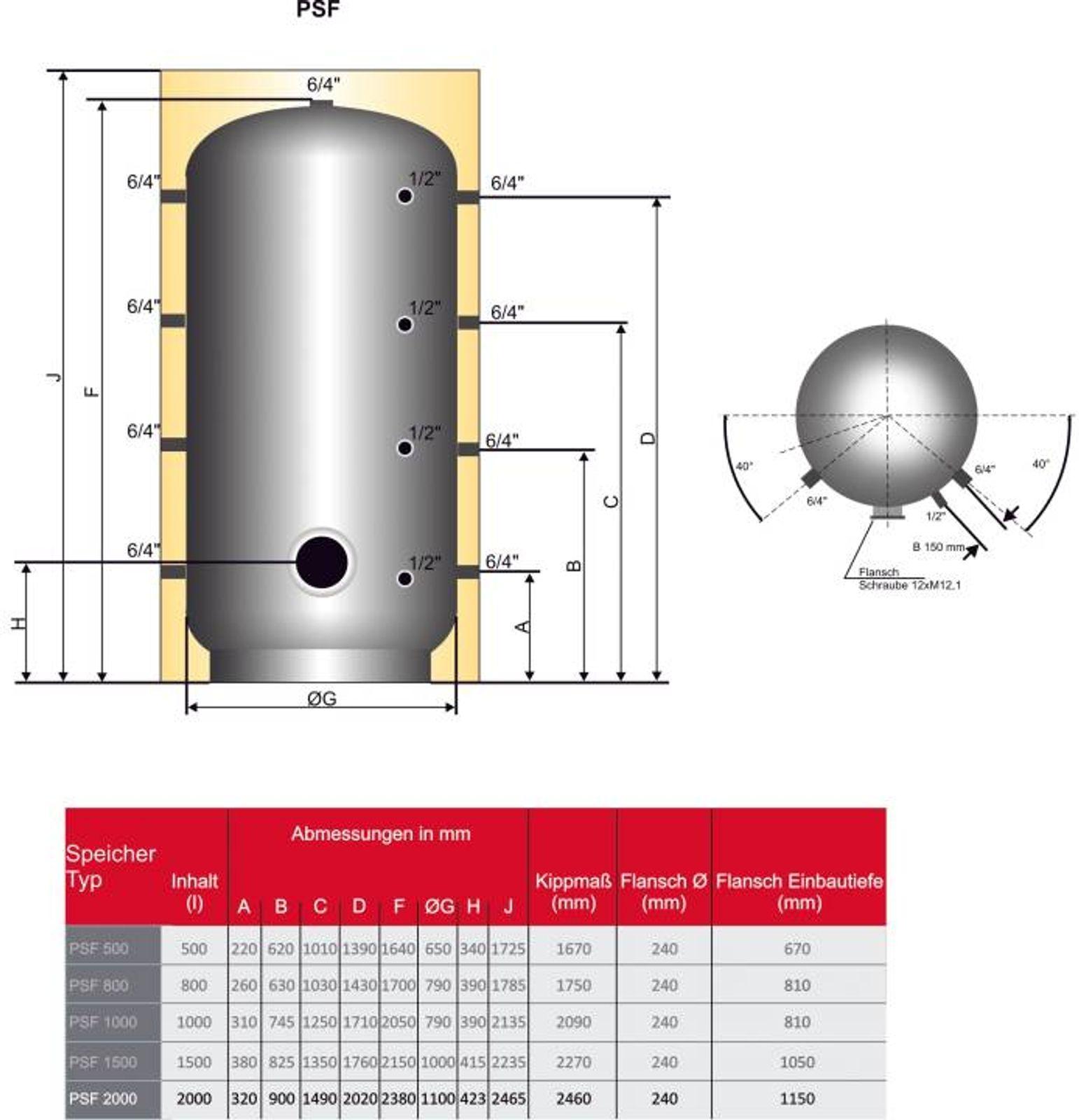 Pufferspeicher PSF 2000 Liter mit Flansch Durchmesser 240 mm und 100 mm Isolierung