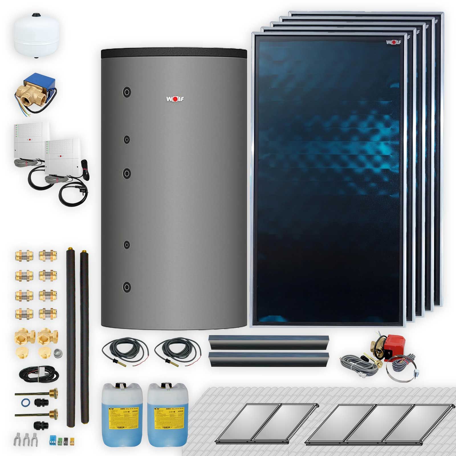 Wolf Solar Paket 11,5 m² mit 5 Flachkollektoren TopSon F3-1, SM2-2 Regelung und Schichten-Hygienespeicher BSH-800