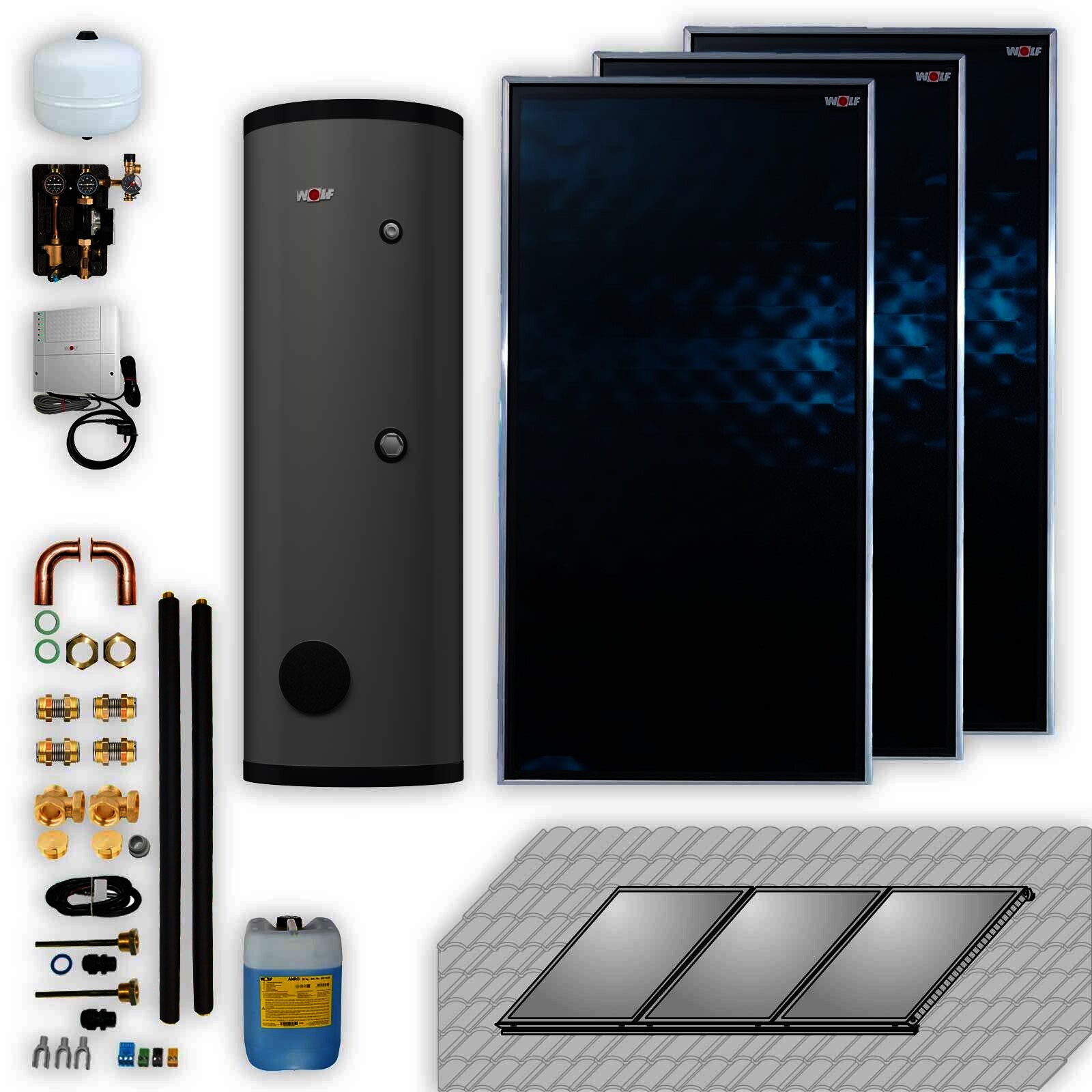 Wolf Solar Paket 6,9 m² mit 3 Flachkollektoren TopSon F3-1, SM1-2 Regelung, Solarspeicher SEM 2-400