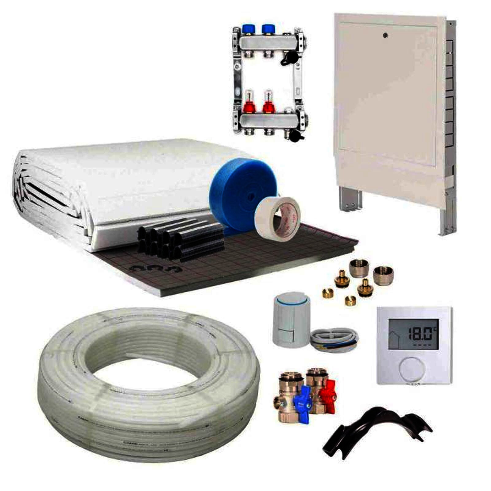 80 m² Set Tackersystem Rollbahn 20 mm WLG 045 16x2 PE-RT Rohr Raster 10 cm 8 Heizkreise LCD Regler 230 V + Zubehör