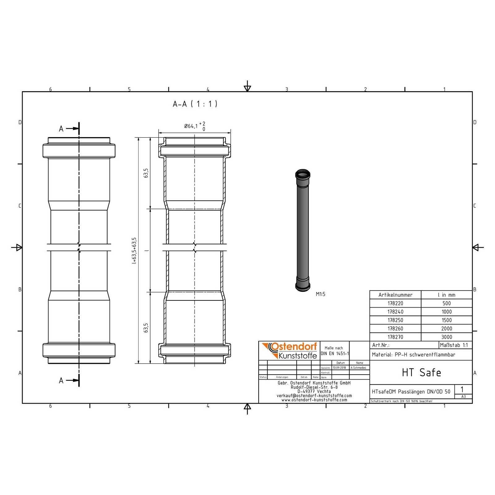HTsafeDM Rohr DN 50 x 1000 mm mit zwei Muffen