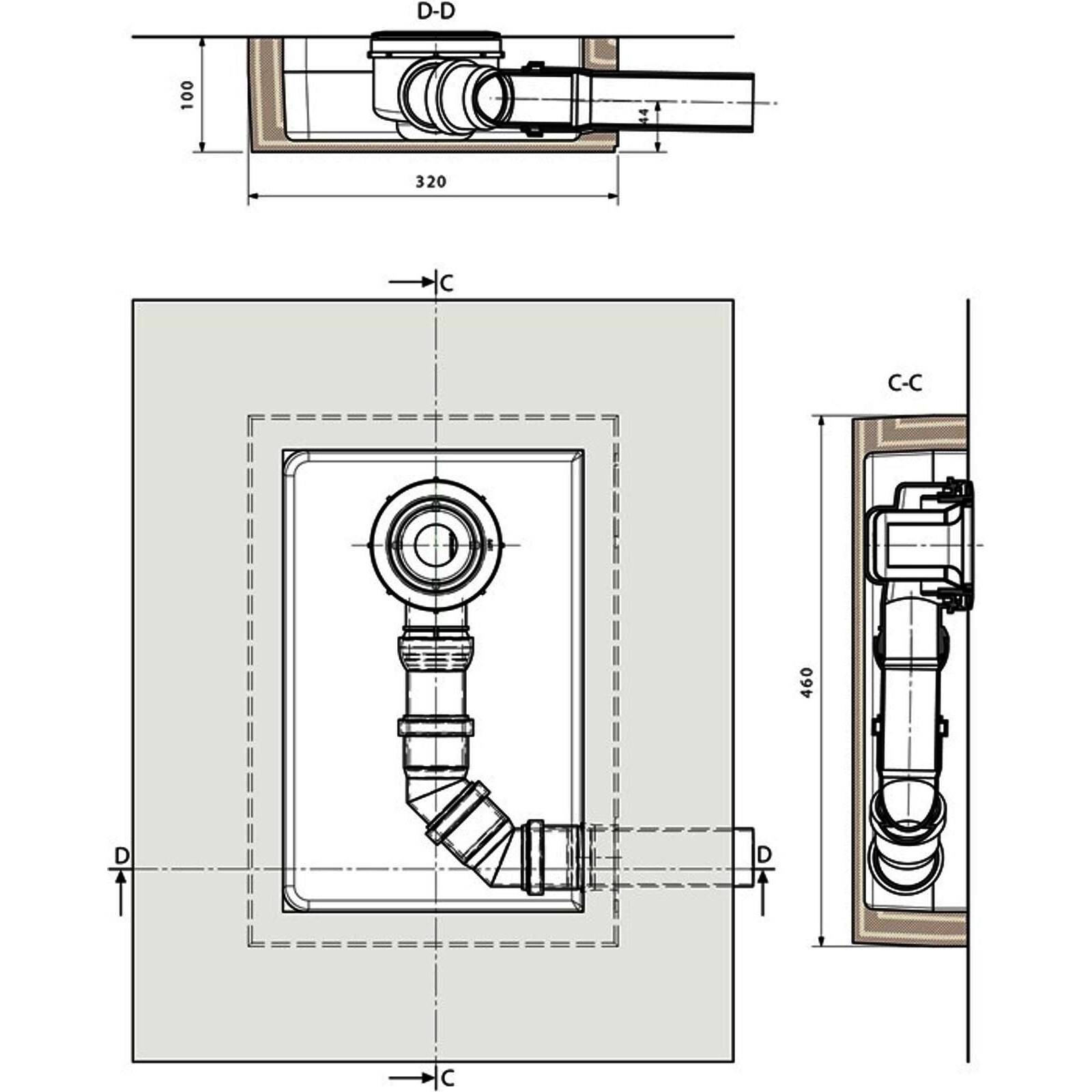 Ablaufbox groß, DN50, 460x320x100mm, rechts oder links verwendbar