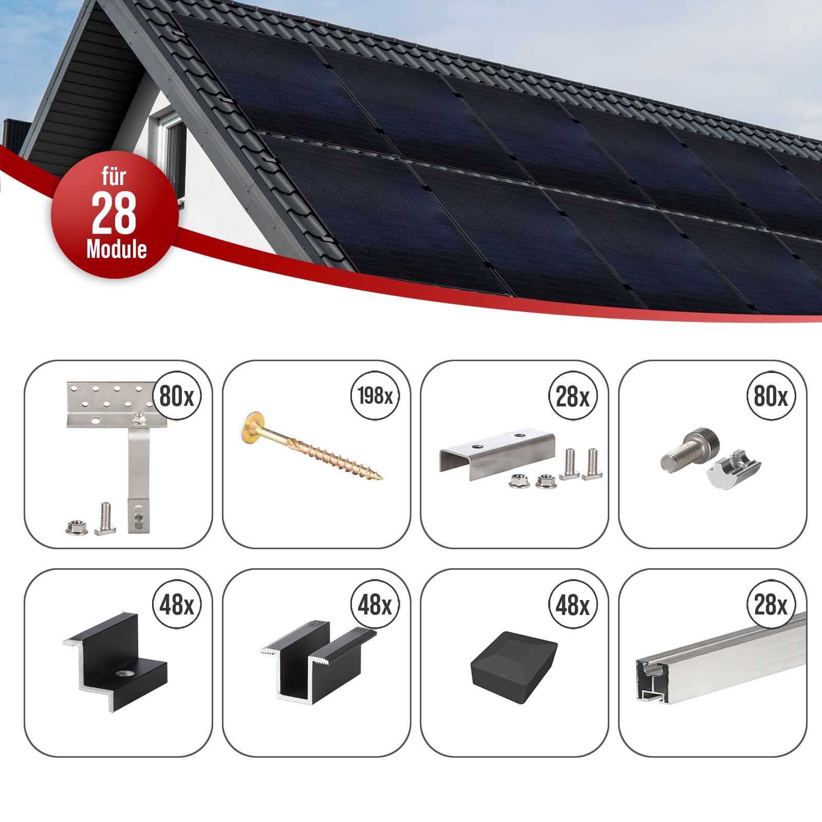 Selfio Schrägdach-Montageset (Pfanne/Ziegel) zur vertikalen Montage (Portrait) von 28 Photovoltaik-Modulen