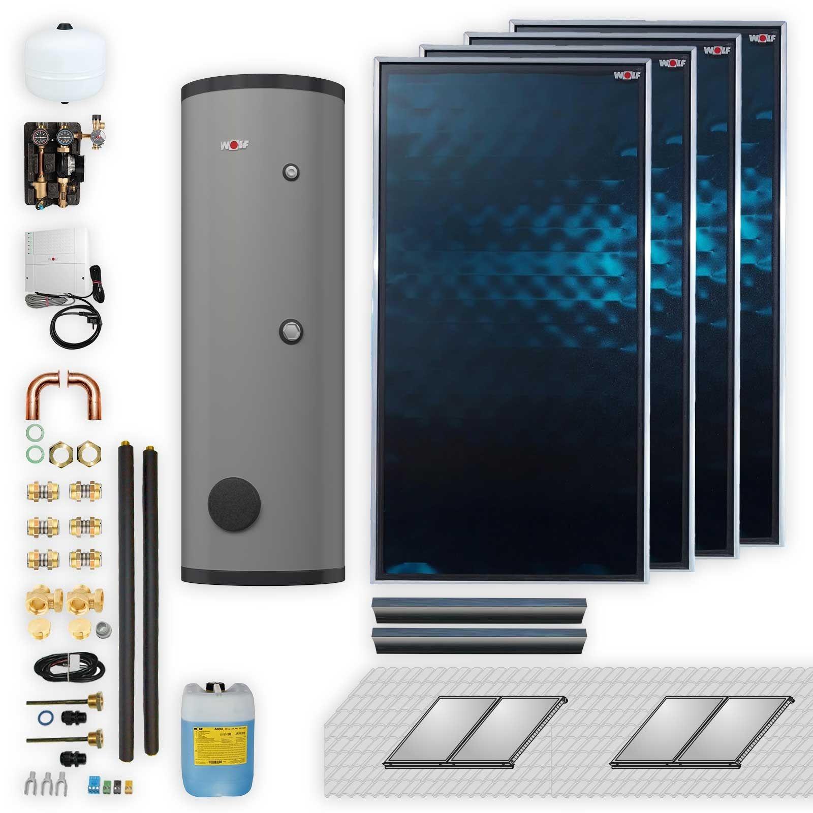 Wolf Solar Paket 9,2 m² mit 4 Flachkollektoren TopSon F3-1, SM2-2 Regelung, Solarspeicher SEM-1-500
