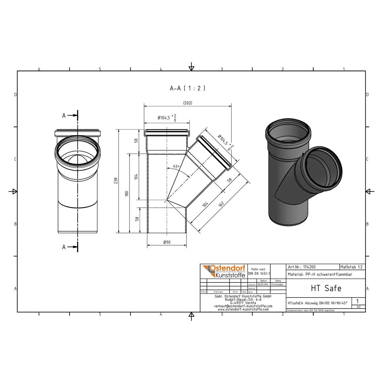 HTsafeEA Abzweig DN/OD 90/90 45 Grad