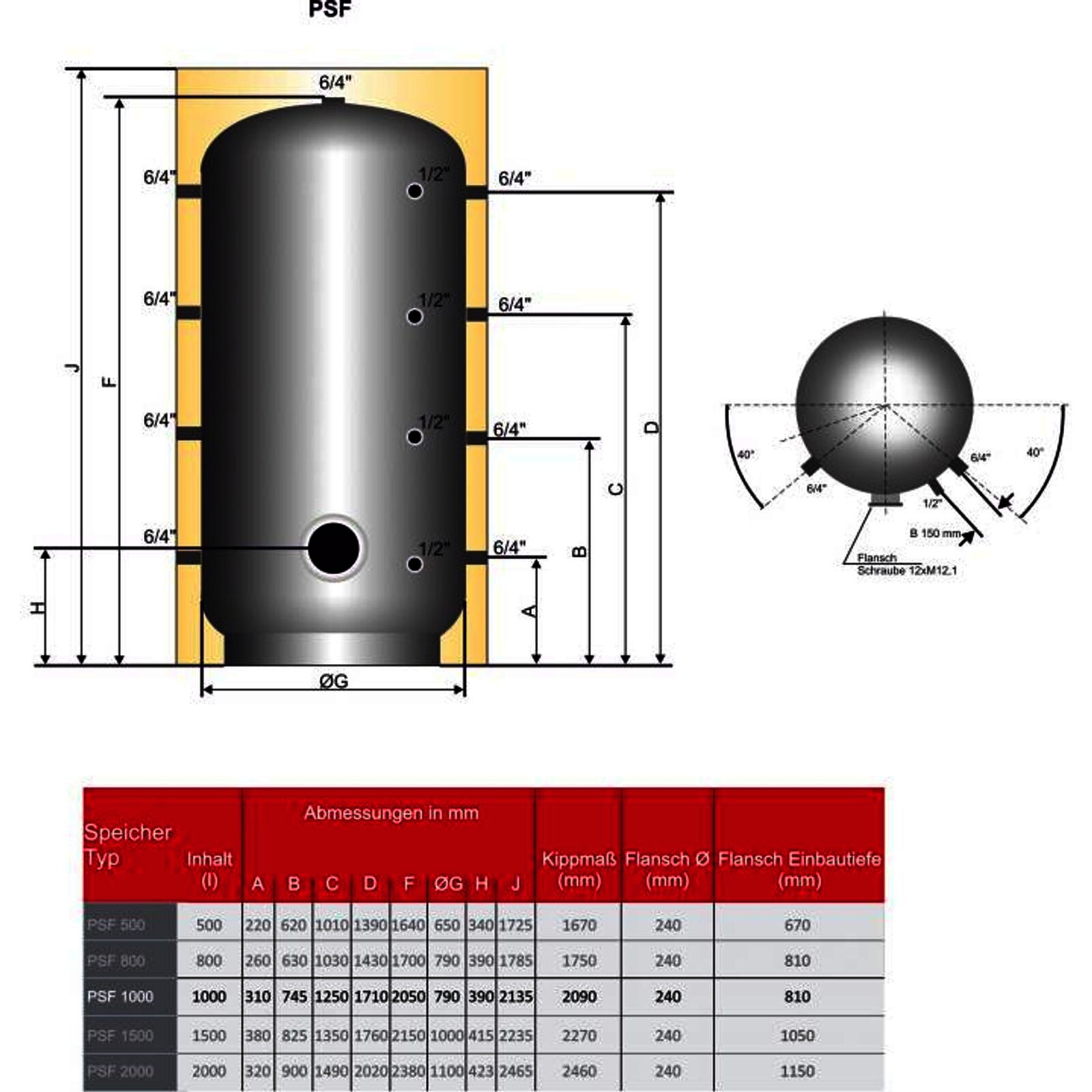 Pufferspeicher PSF 1000 Liter mit Flansch Durchmesser 240 mm und 100 mm Isolierung