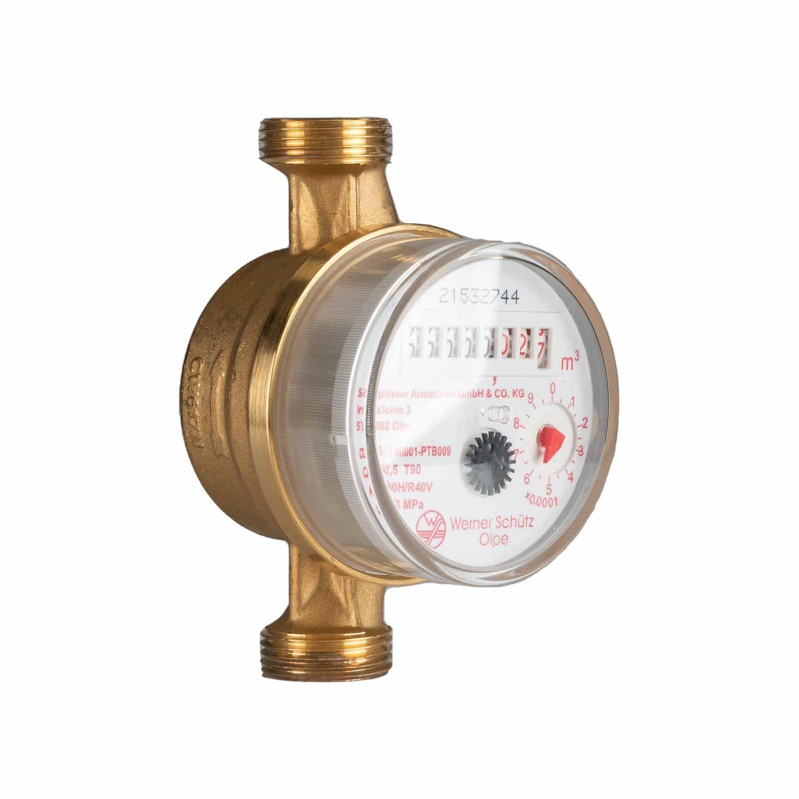 JS Einstrahlzähler Wohnungs-Wasserzähler Aufputz für Warmwasser Q3 2,5 m³ - Baulänge 110 mm