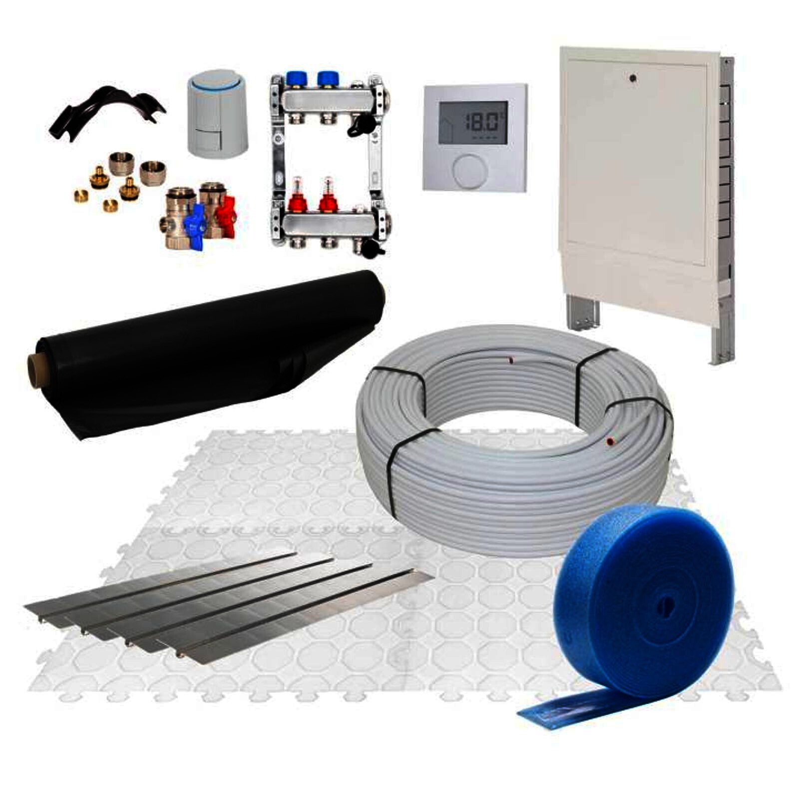 80 m² Set Trockenestrichsystem 25 mm WLG 035 Alu-Verbundrohr Raster 12,5 cm 7 Heizkreise LCD Regler 230 V + Zubehör