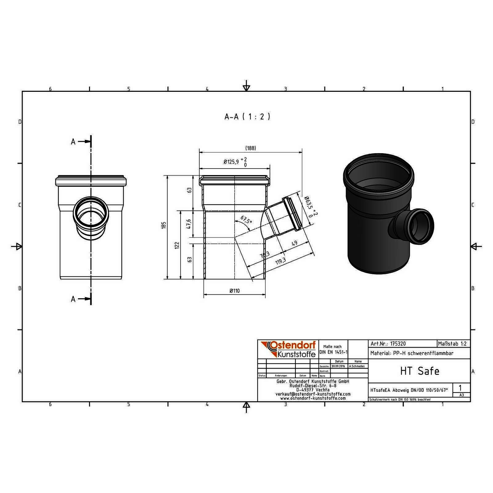 HTsafeEA Abzweig DN/OD 110/50 67,5 Grad