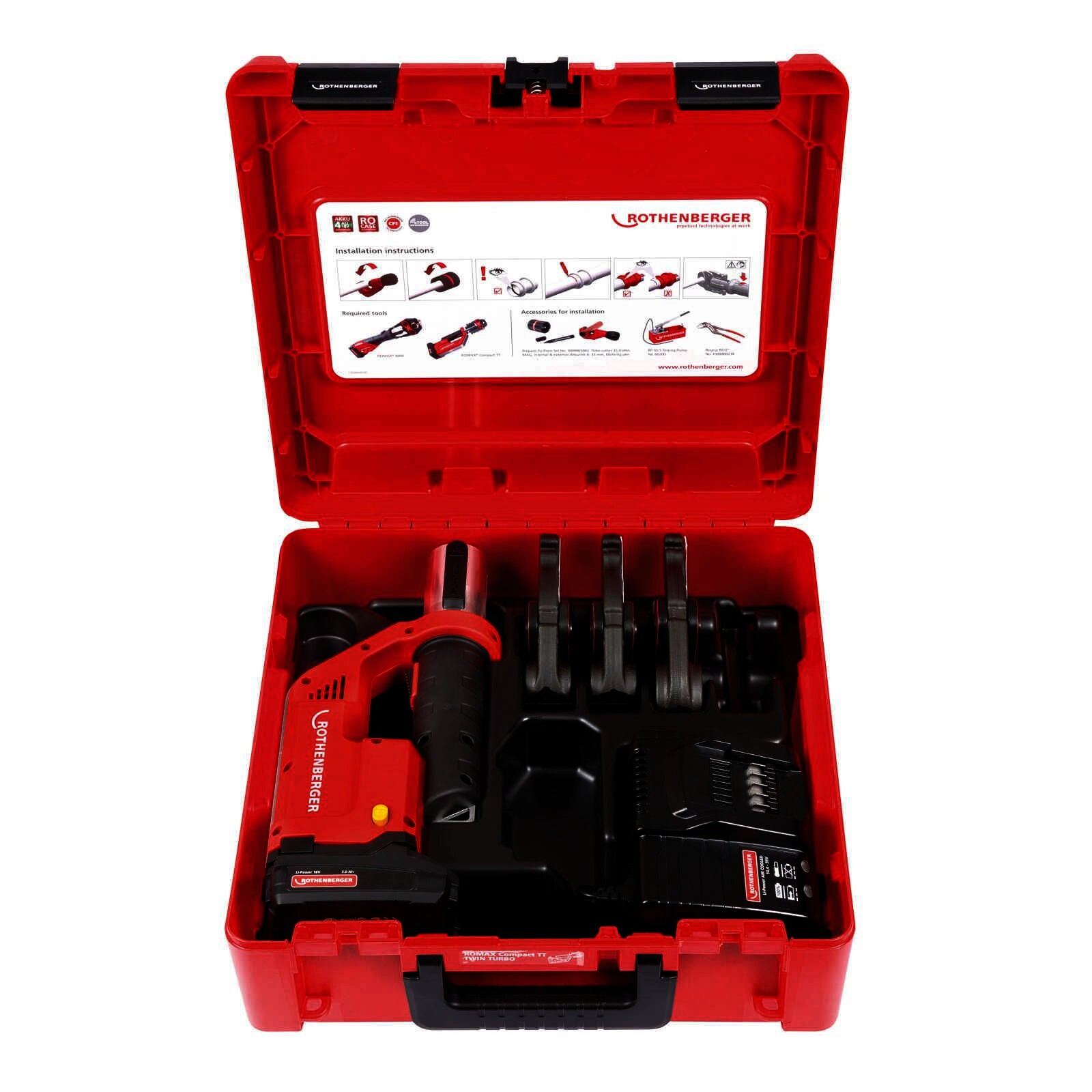 Rothenberger ROMAX Compact TT elektrohydraulische Fitting - Pressmaschine Set mit Pressbacken TH16-20-26, 1x2Ah