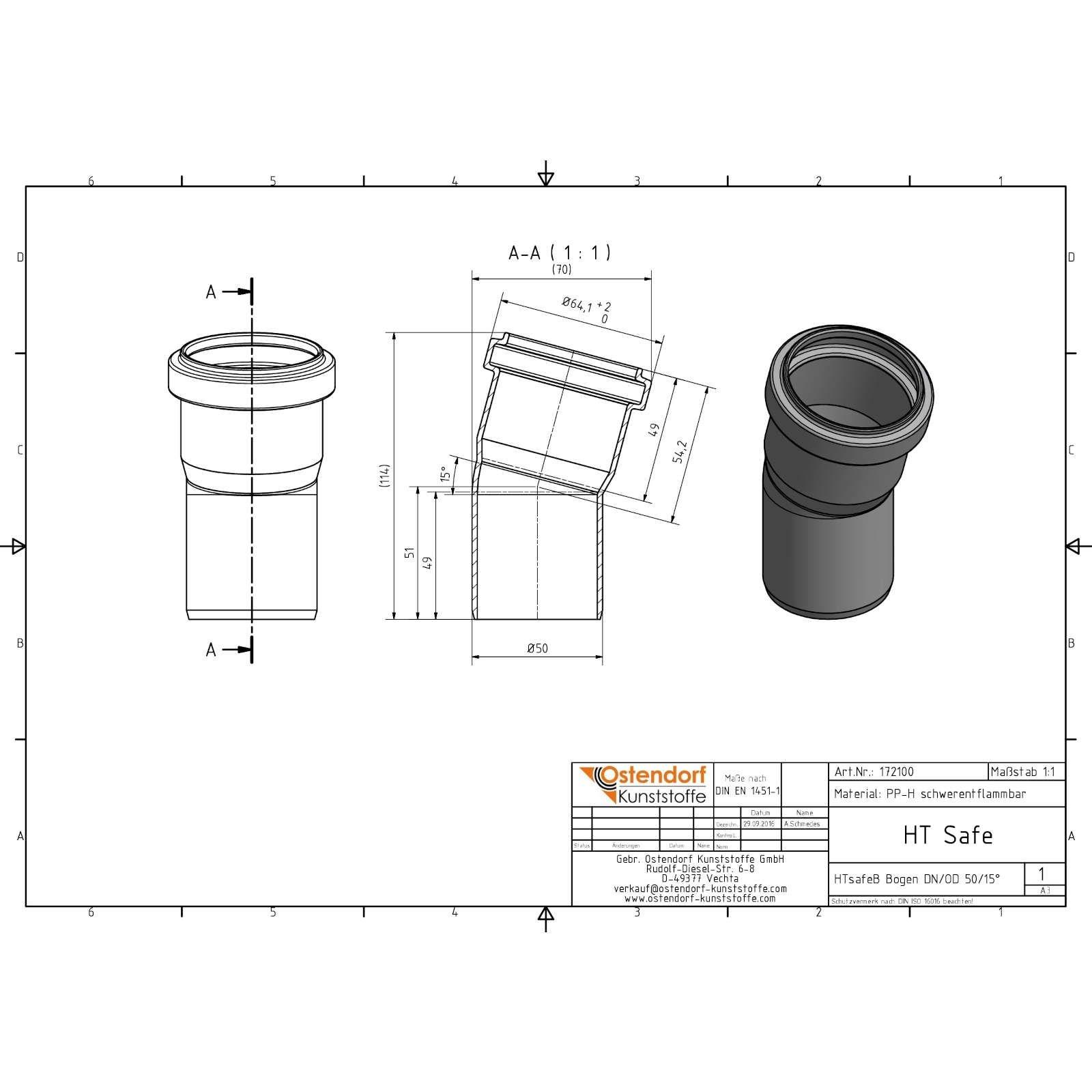 HTsafeB Bogen 15 Grad DN/OD 50