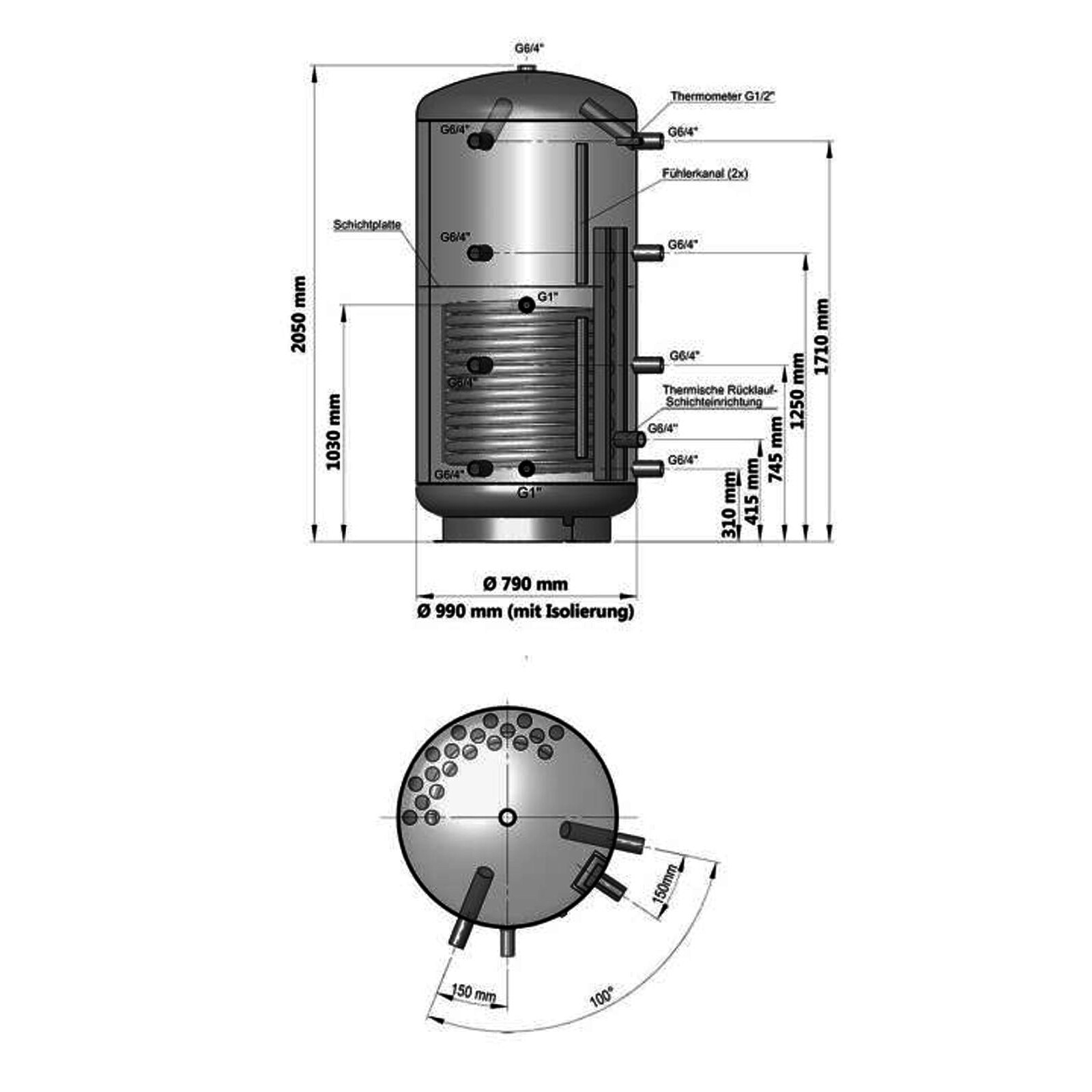 Schicht-Pufferspeicher PZR 500 Liter mit einem Rohrregister und 100 mm Isolierung