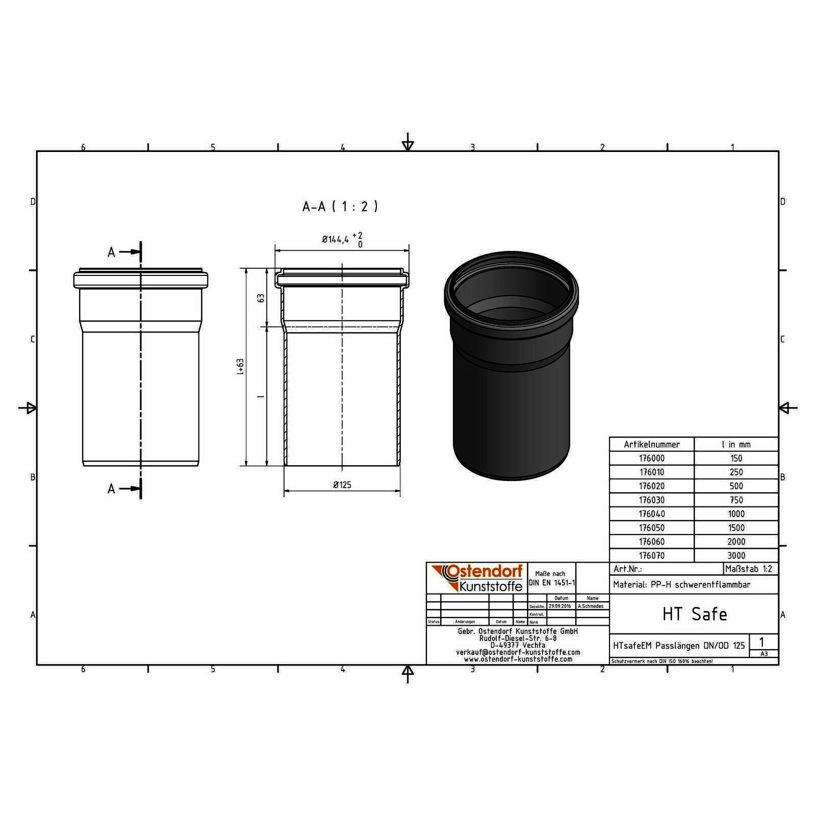 HTsafeEM Rohr DN 125 x 250 mm