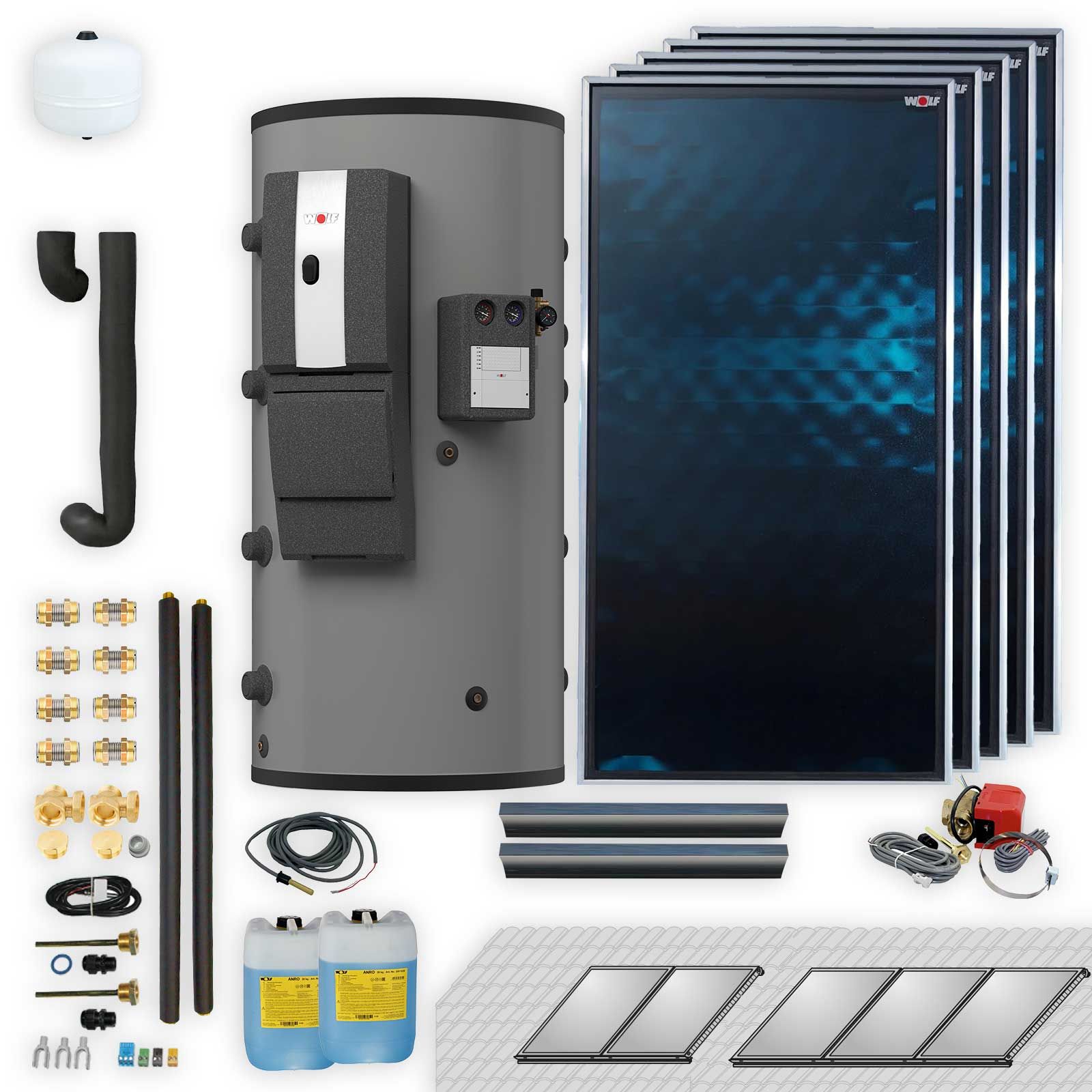 Wolf Solar Paket 11,5 m² mit 5 Flachkollektoren TopSon F3-1, SM2-2 Regelung, Schichten-Pufferspeicher BSP-800