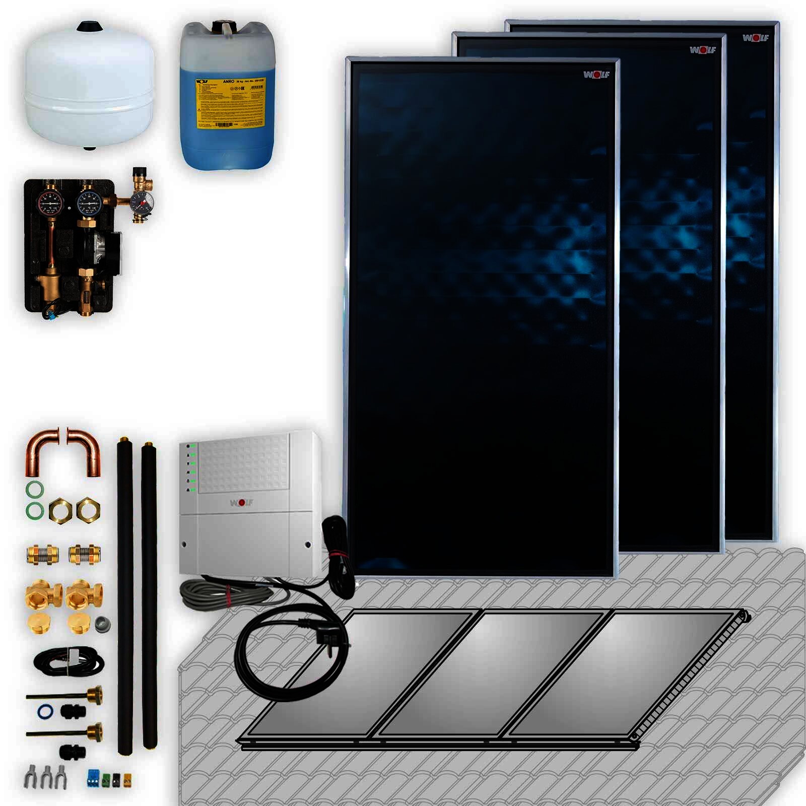 Wolf Solar Paket 6,9 m² mit 3 Flachkollektoren TopSon F3-1, SM2-2 Regelung