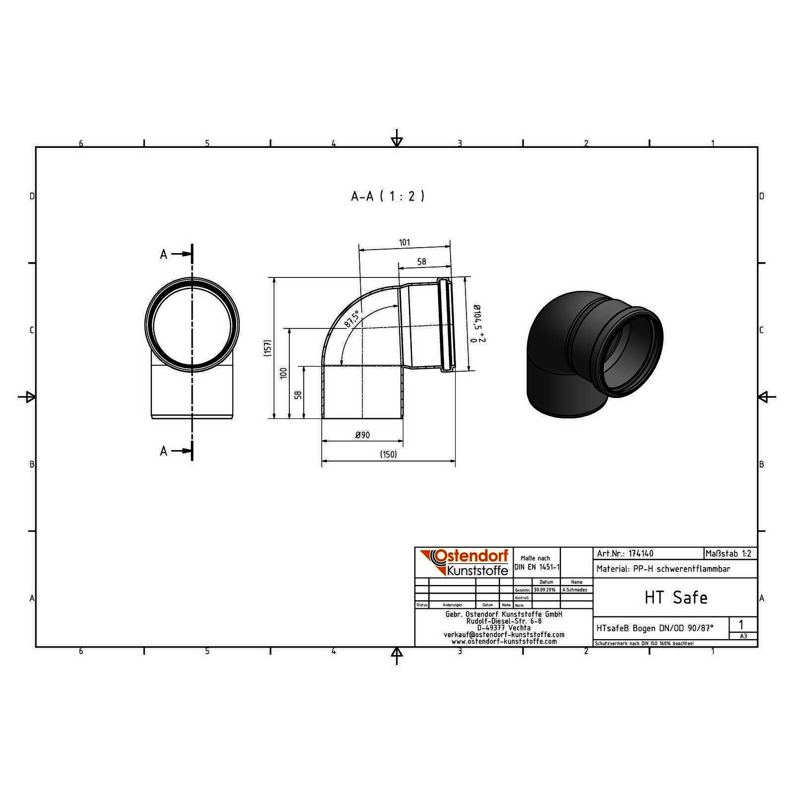 HTsafeB Bogen DN 90 87,5 Grad