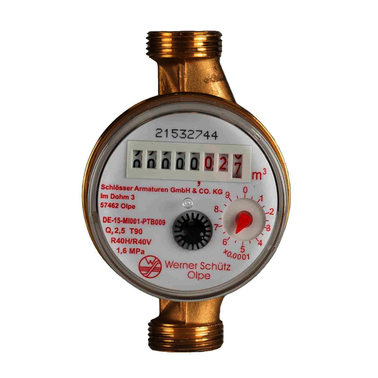JS Einstrahlzähler Wohnungs-Wasserzähler Aufputz für Warmwasser Q3 2,5 m³ - Baulänge 110 mm