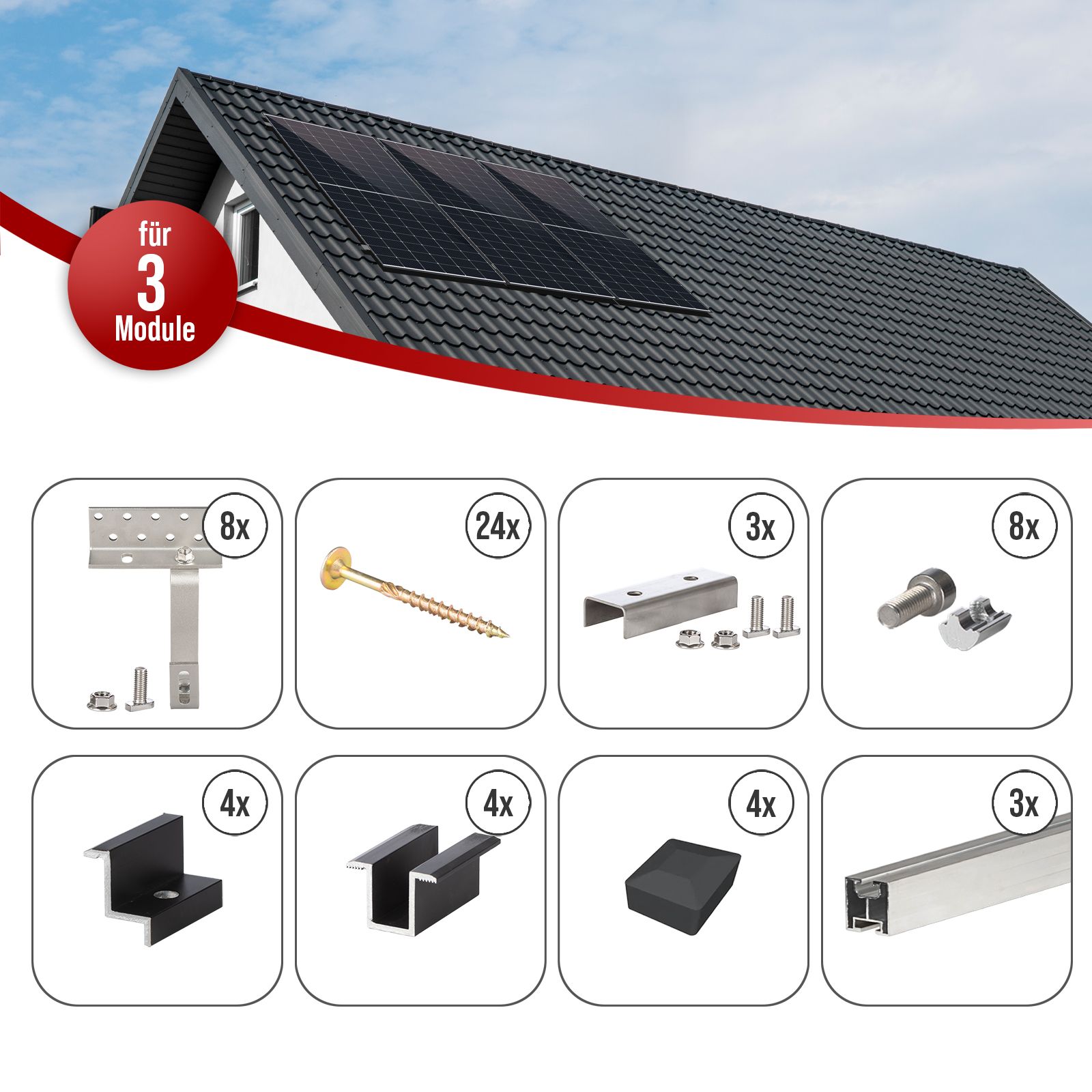 Selfio Schrägdach-Montageset (Pfanne/Ziegel) zur vertikalen Montage (Portrait) von 3 Photovoltaik-Modulen