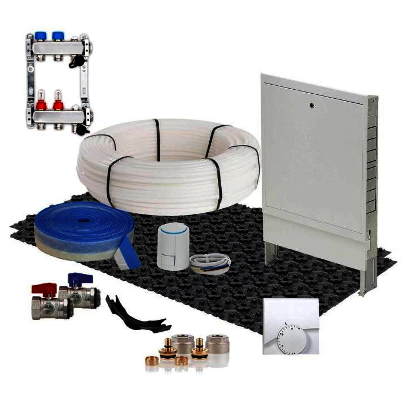 67,2 m² Set Dünnschichtsystem flach 12x2 PE-RT Rohr Raster 10 cm 9 Heizkreise Regler 230 V + Zubehör