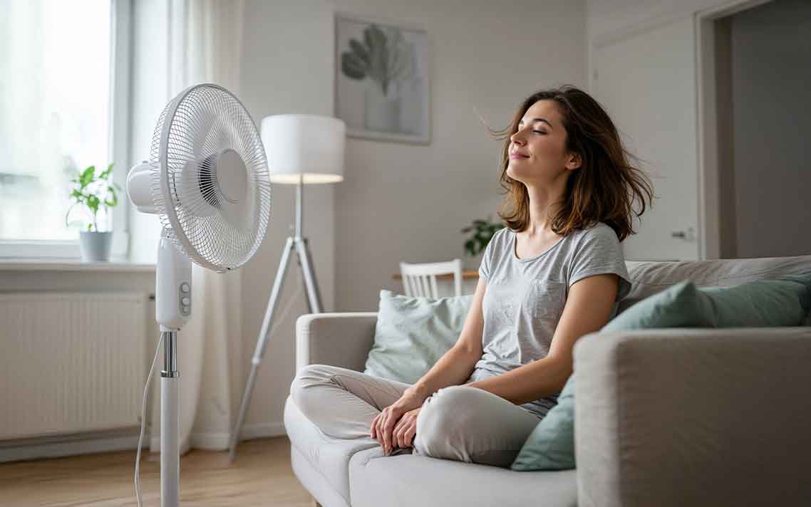 Frau erfrischt sich vorm Ventilator
