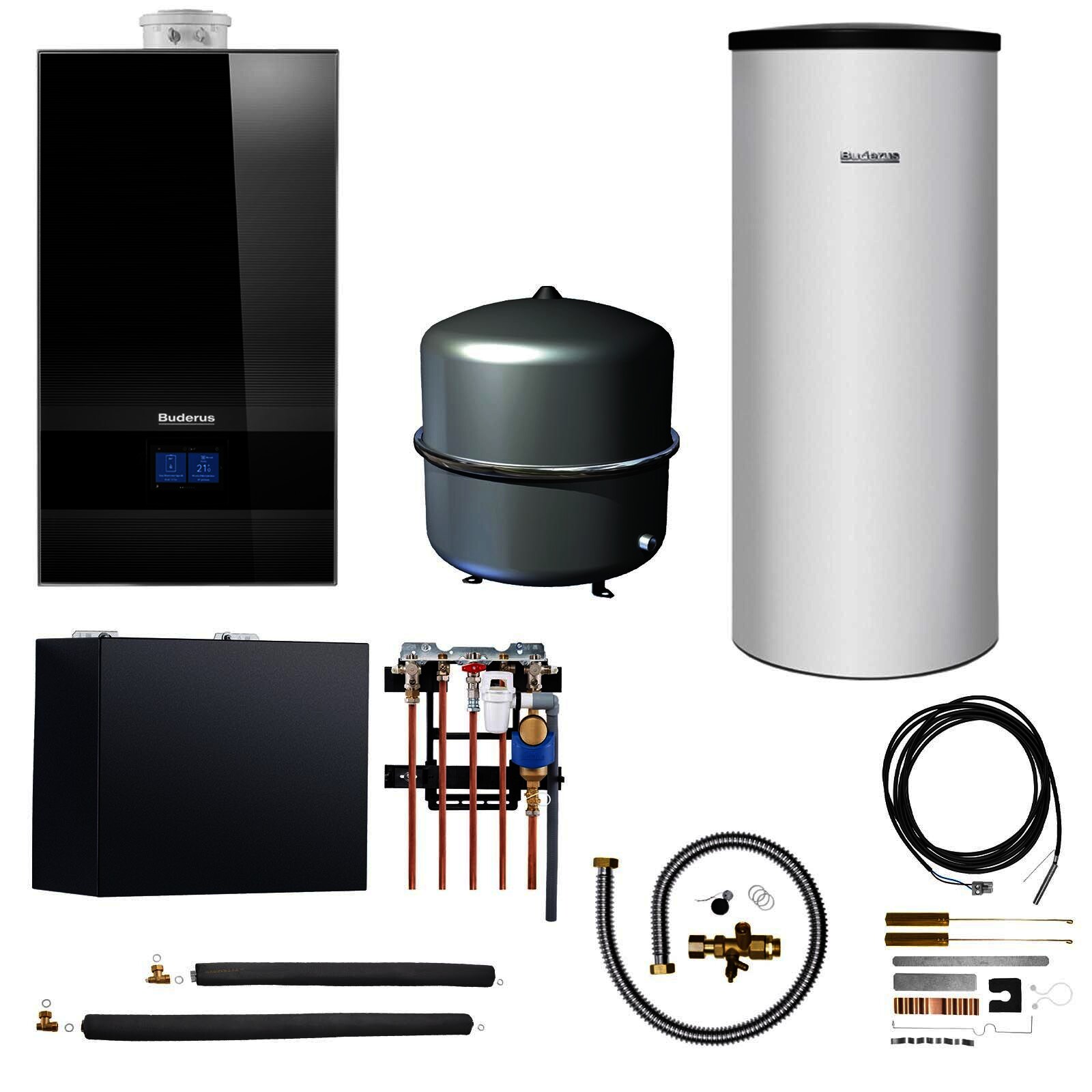 Buderus Gas-Brennwert Logaplus-Paket W49 GB182i.2-25 25kW H-Gas Hydraulikbox MS100 Speicher SU160S-B BC400  MAG 35l  schwarz