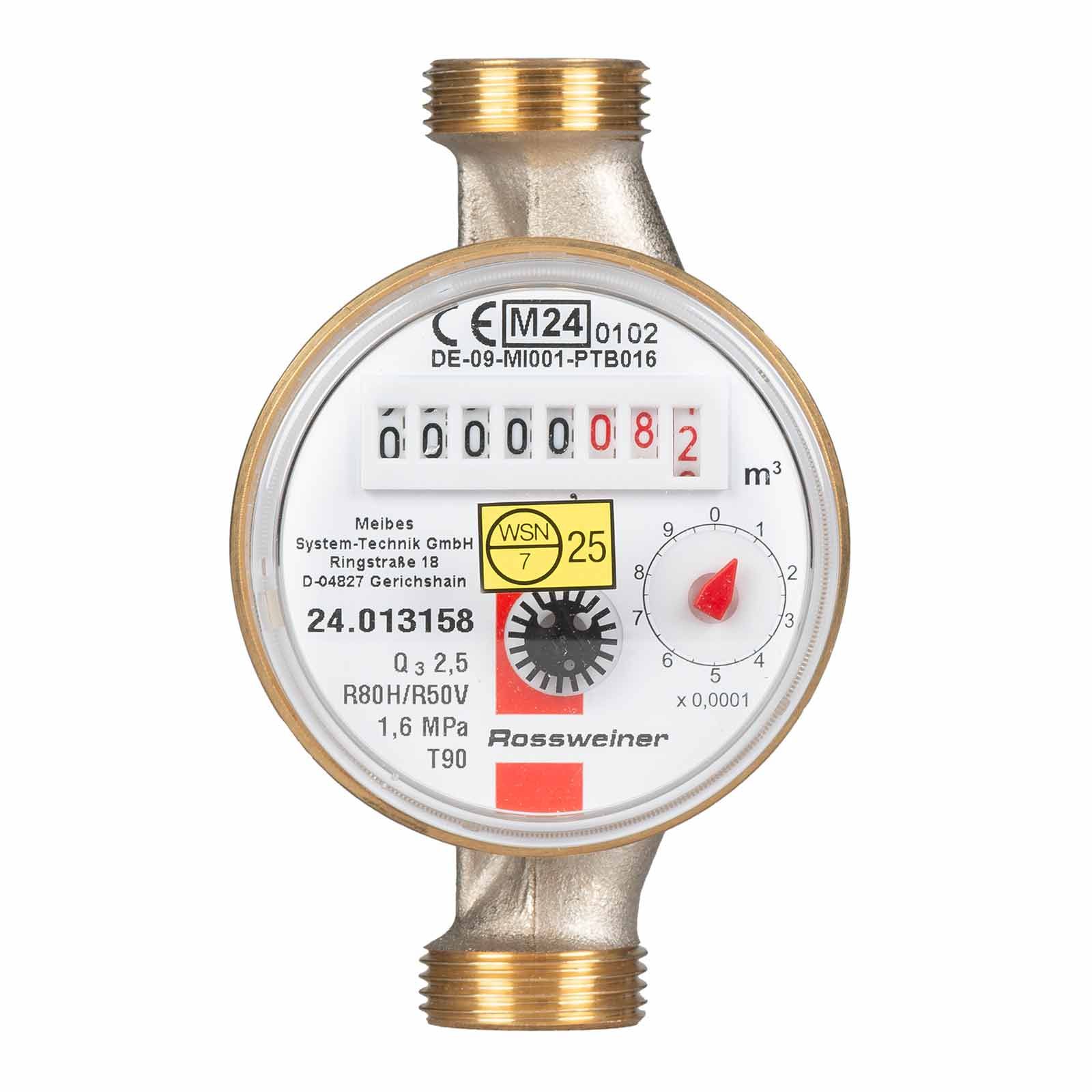 Wohnungs-Wasserzähler Aufputz für Warmwasser Q3 2,5 m³ - Baulänge 110 mm