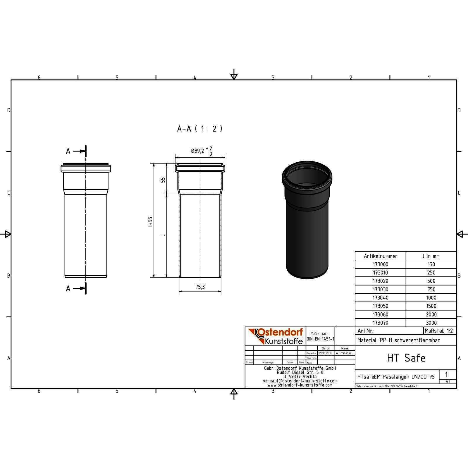HTsafe Rohr mit Muffe DN 75 500 mm