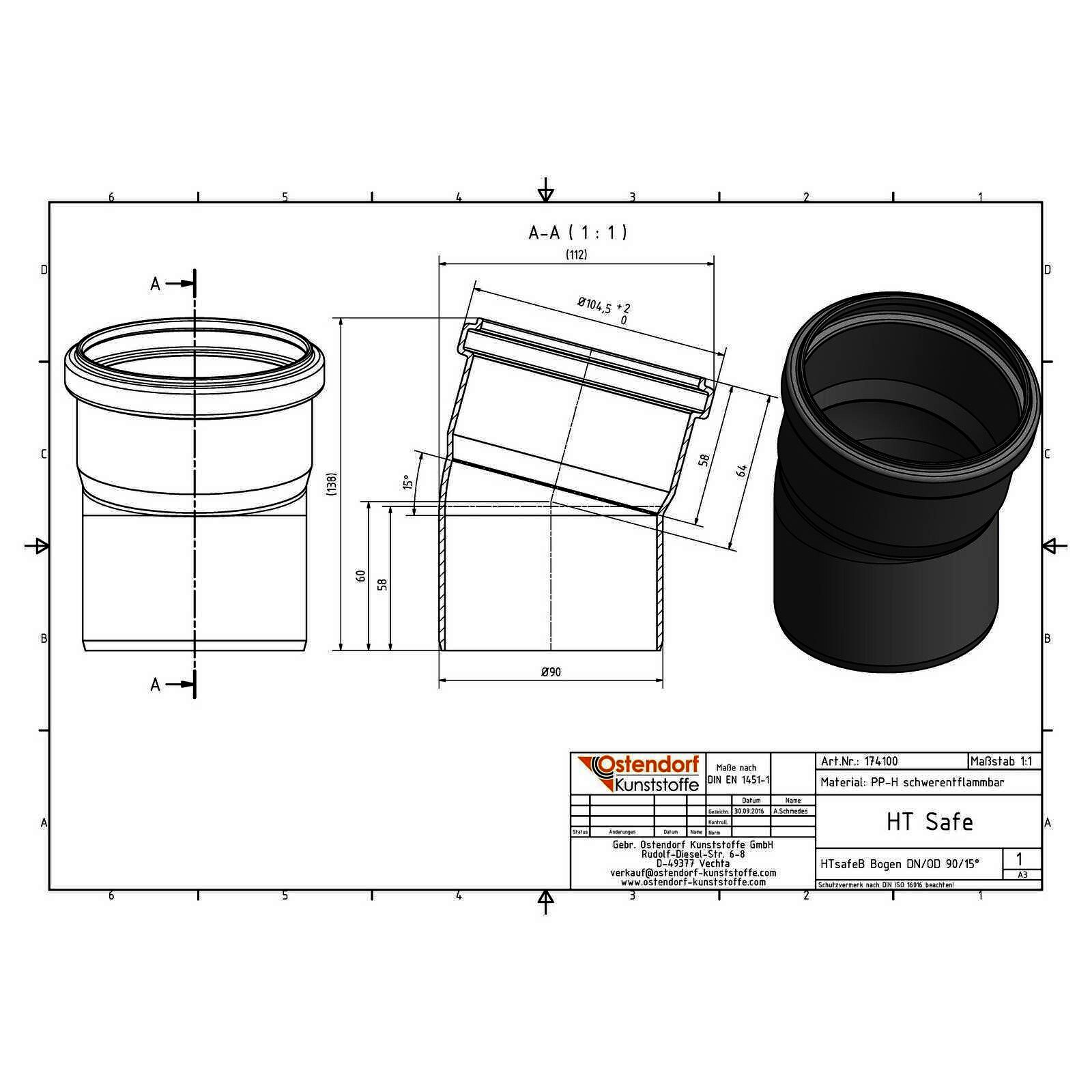 HTsafeB Bogen DN 90 15 Grad