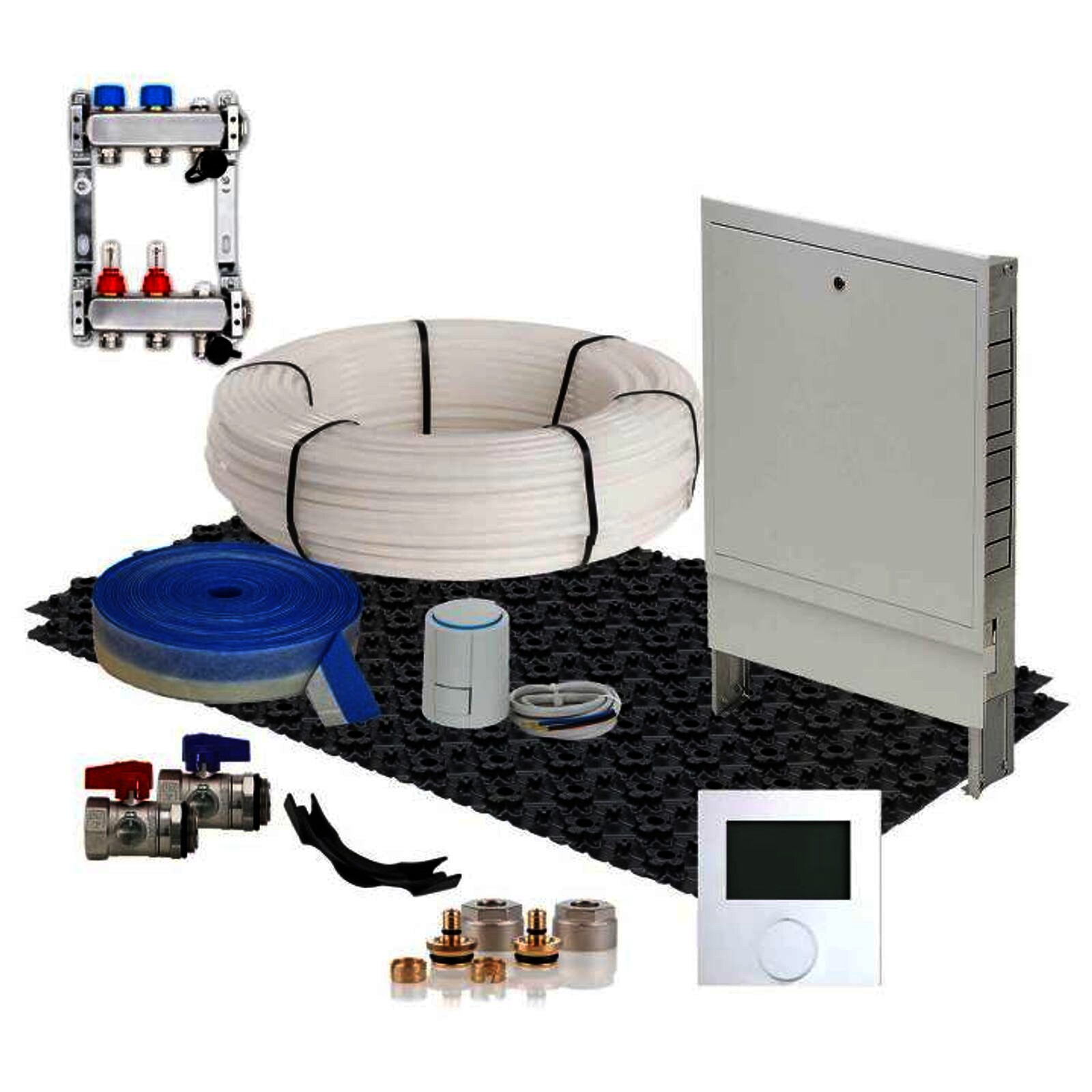 76,8 m² Set Dünnschichtsystem flach 12x2 PE-RT Rohr Raster 10 cm 10 Heizkreise LCD Regler 230 V + Zubehör