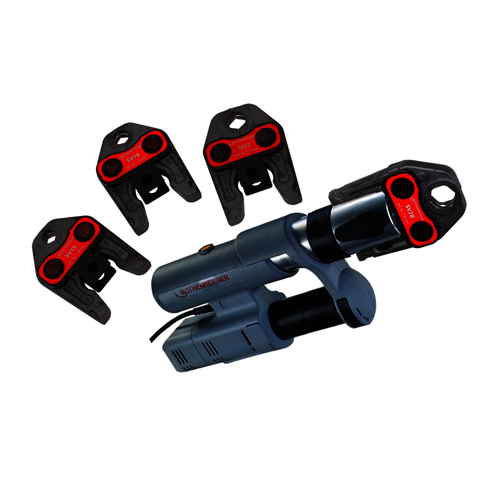 Rothenberger elektrohydraulische Fitting - Pressmaschine ROMAX AC ECO, Set mit Pressbacken Kontur "V"