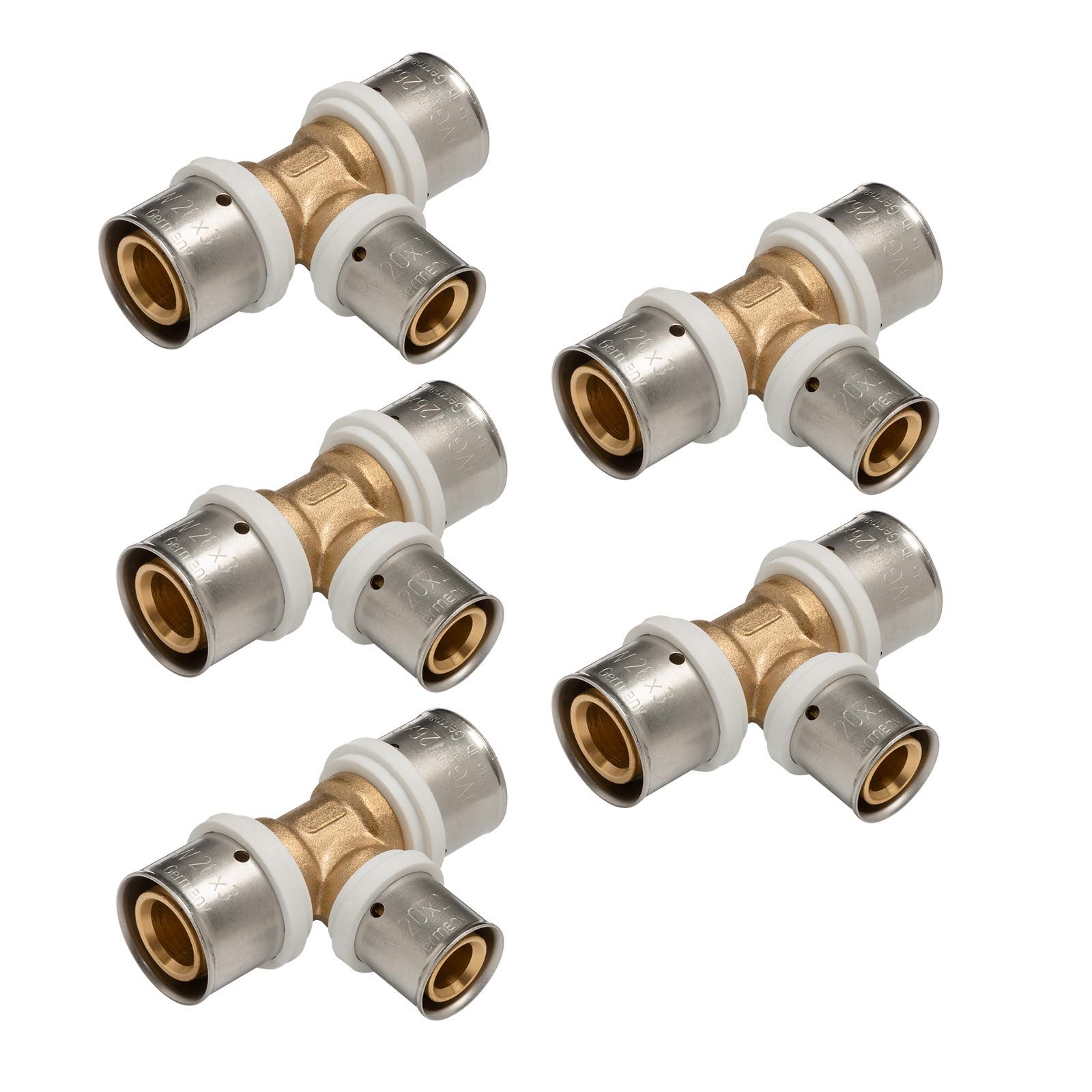 Selfio-Press Aluverbund Pressfitting  T-Stück Mittelabgang reduziert 26 x 3 - 20 x 2 - 26 x 3 TH + U Kontur DVGW - 5 Stück