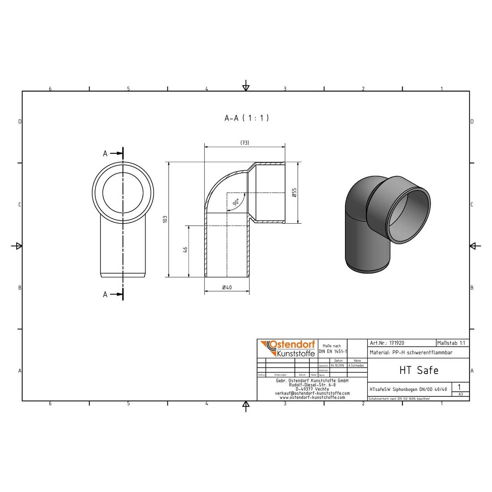 HTsafeSW Siphon Anschlussbogen an Metall und Kunststoff DN/OD 40/40
