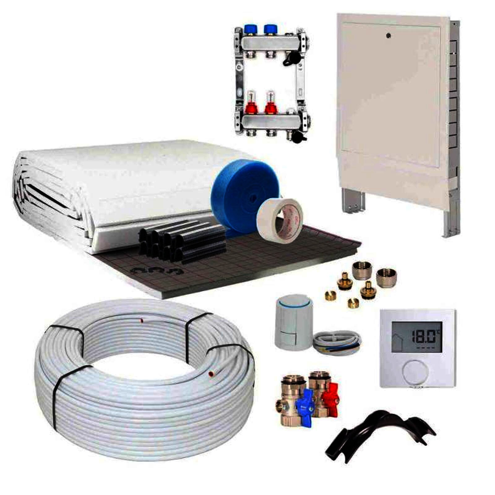 50 m² Set Tackersystem Rollbahn 20 mm WLG 045 16x2 Alu-Verbundrohr Raster 15 cm 4 Heizkreise LCD Regler 230 V + Zubehör