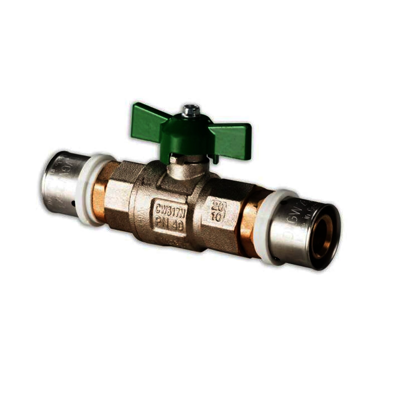 Selfio-Press Aluverbund Pressfitting  Kugelhahn 26 x 3 mm Flügelgriff grün TH + U Kontur DVGW