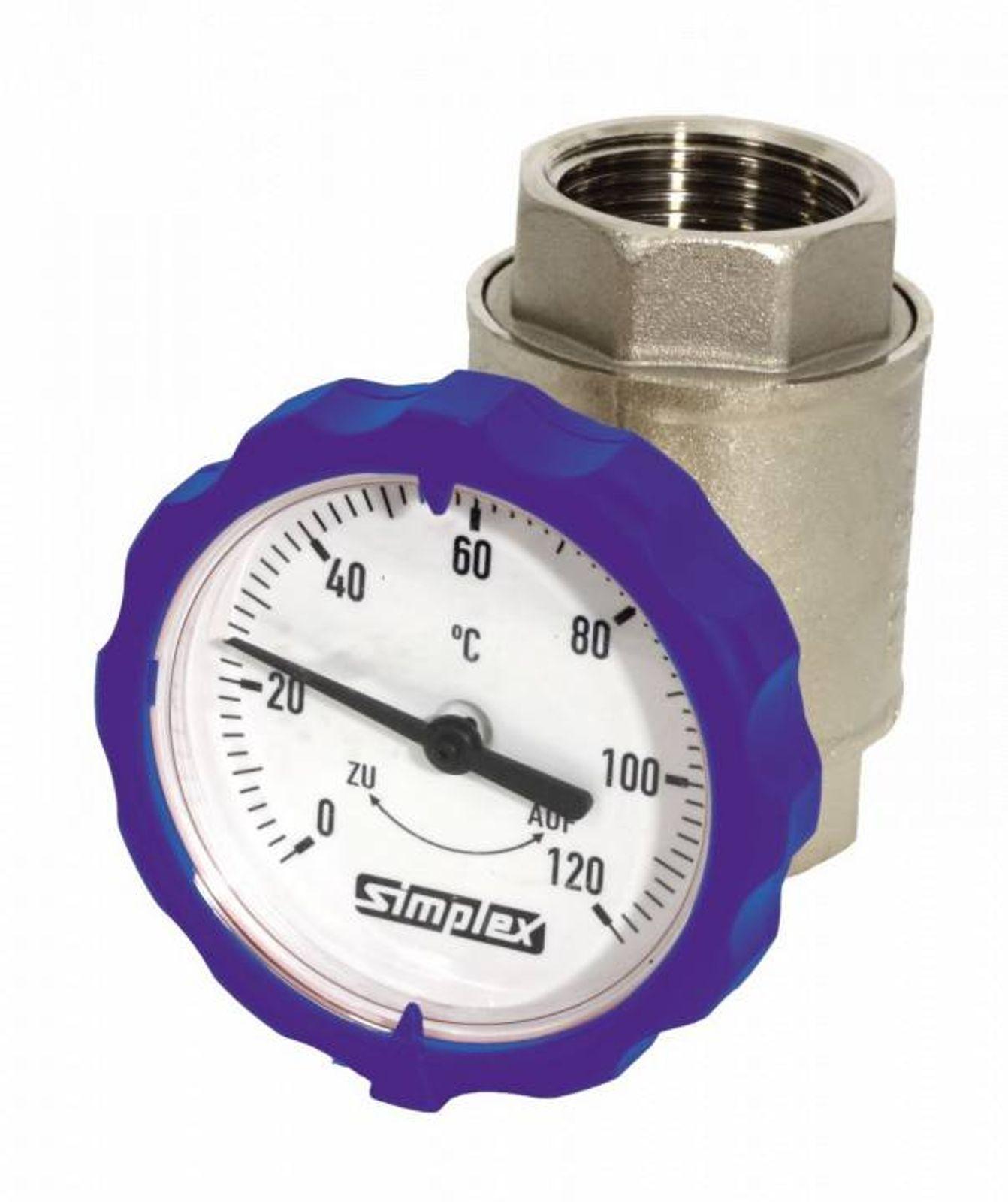 Muffen-Kugelhahn PN 16, G 1¼ Zoll mit rundem Thermometergriff (blau, Ø 63 mm)