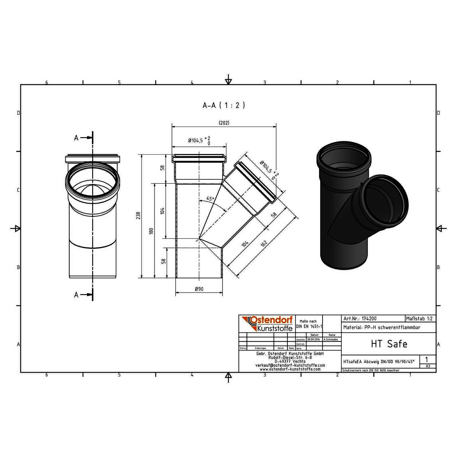 HTsafeEA Abzweig DN/OD 90/90 45 Grad