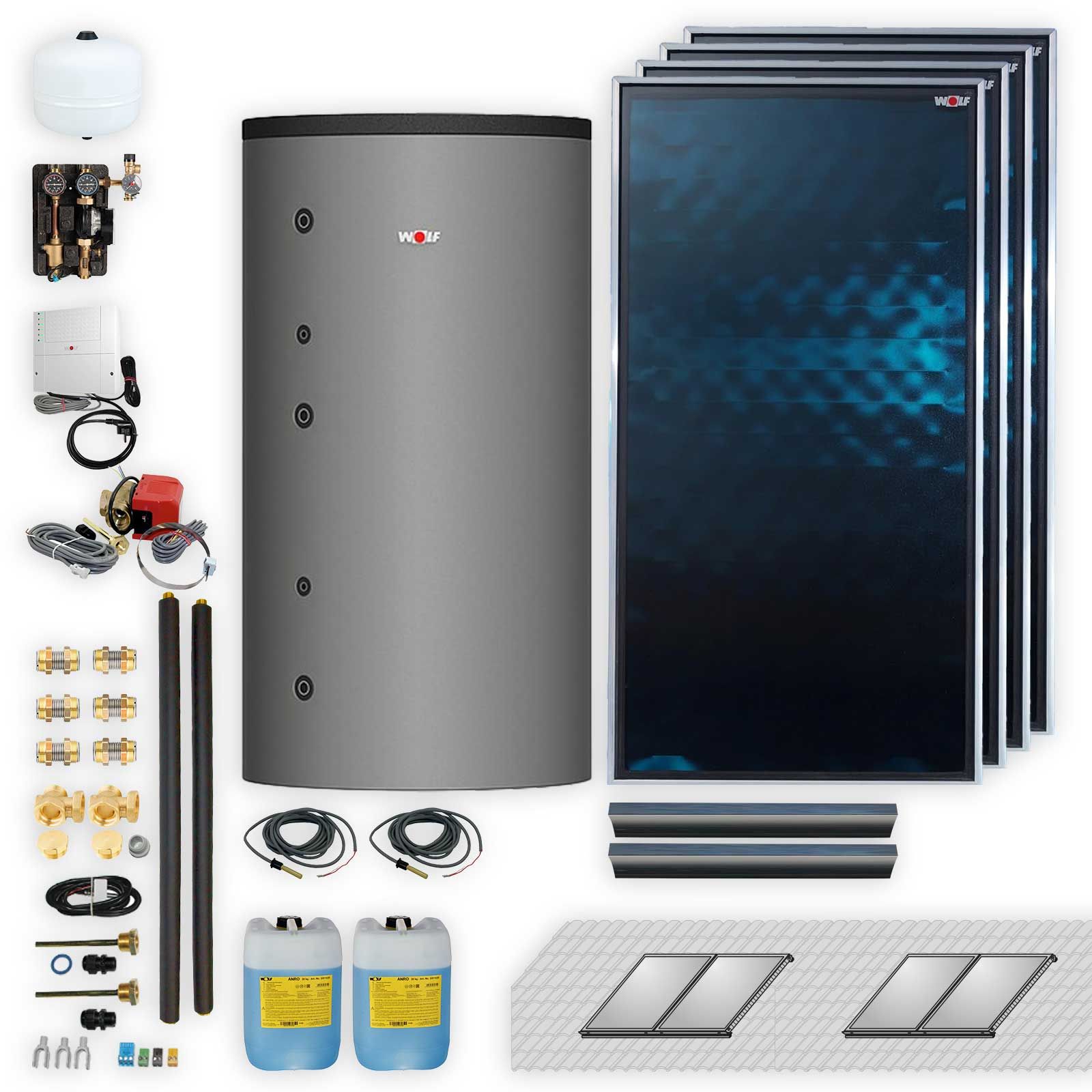 Wolf Solar Paket 9,2 m² mit 4 Flachkollektoren TopSon F3-1 Aufdach, SM2-2 Regelung und Schichten-Hygienespeicher BSH-500