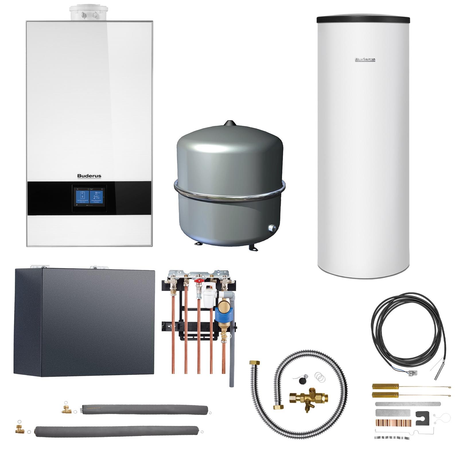 Buderus Gas-Brennwert Logaplus-Paket W49 GB182i.2-25 25kW H-Gas Hydraulikbox MS100 Speicher SU200S-B BC400  MAG 35l  weiß