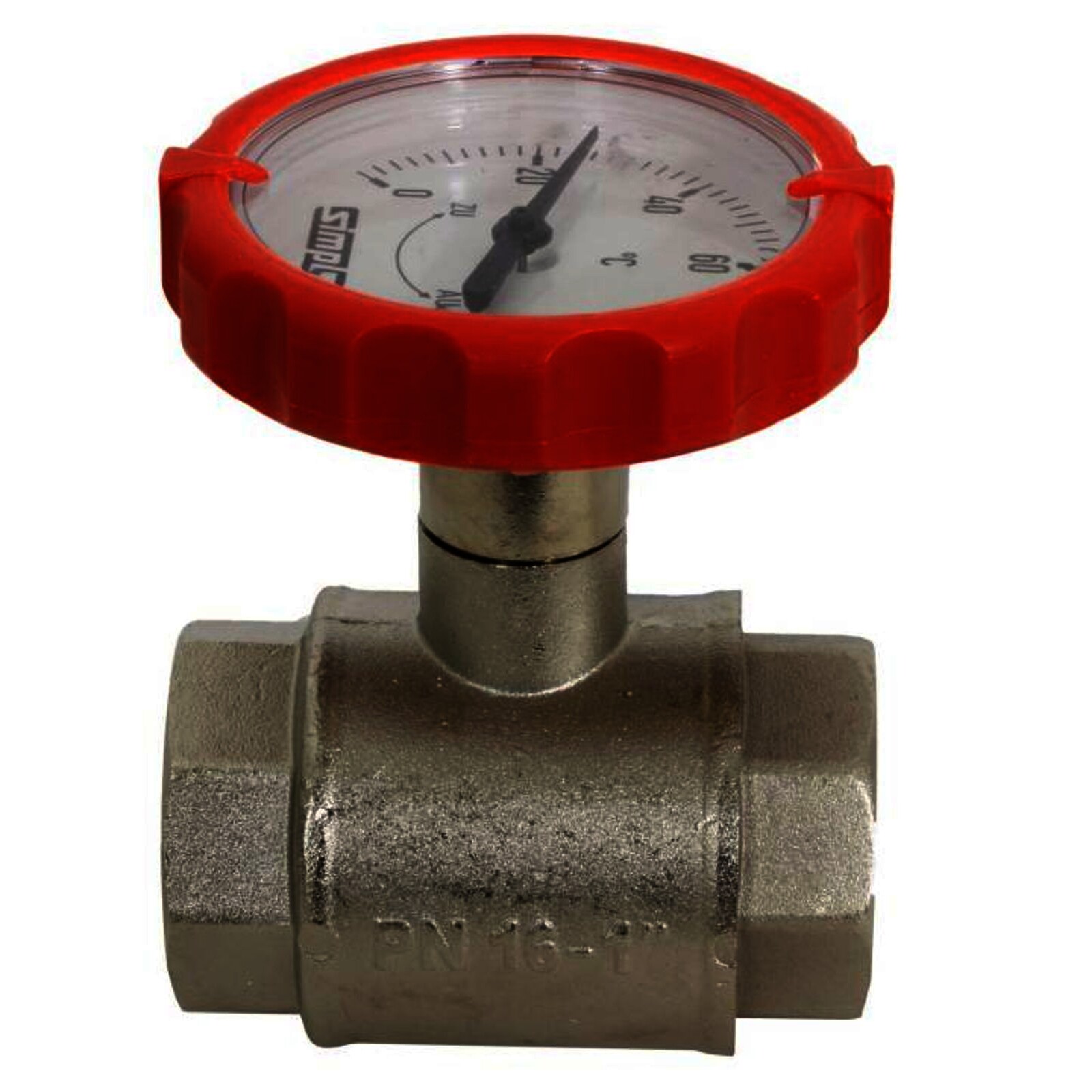 Muffen-Kugelhahn PN 16, G 1 Zoll mit rundem Thermometergriff (rot, Ø 63 mm)