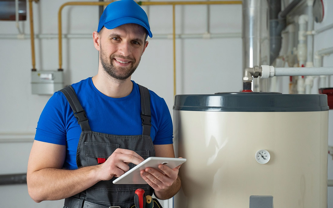 Handwerker neben Warmwasserspeicher