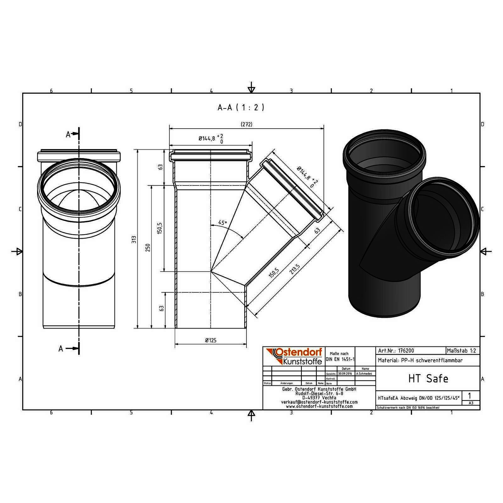 HTsafeEA Abzweig DN/OD 125/125 45 Grad