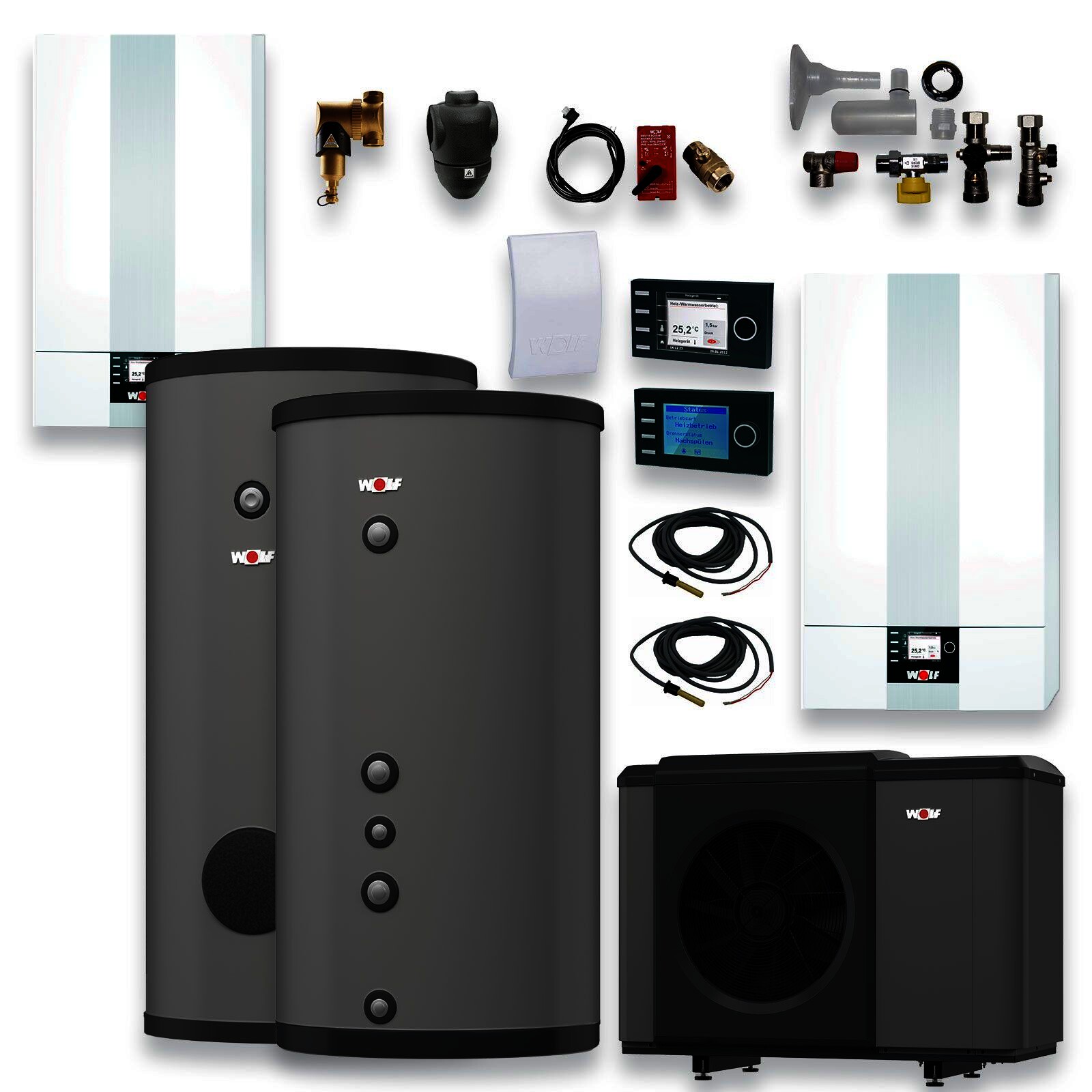 Wolf Gas-Hybridheizung 20 kW mit Gasbrennwert-Heiztherme CGB-2-20, Luft-/Wasser-Wärmepumpe CHA-07/400V, 200 L Pufferspeicher SPU-1, 300 L Warmwasserspeicher SEW-1, Bedienmodul BM-2