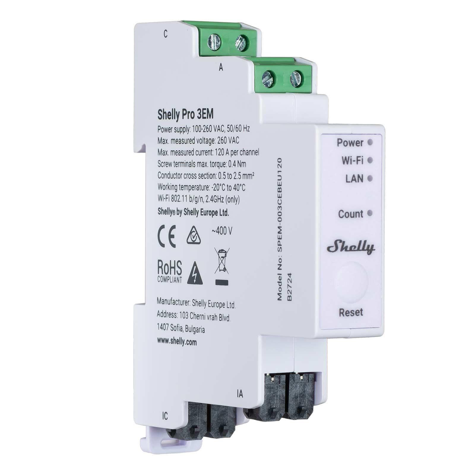 Shelly Stromzähler Pro 3EM, WLAN & LAN, 3 Phasen, 3x 120A, Inkl. 3 Klemmen, BT, Messfunktion, Hutschiene