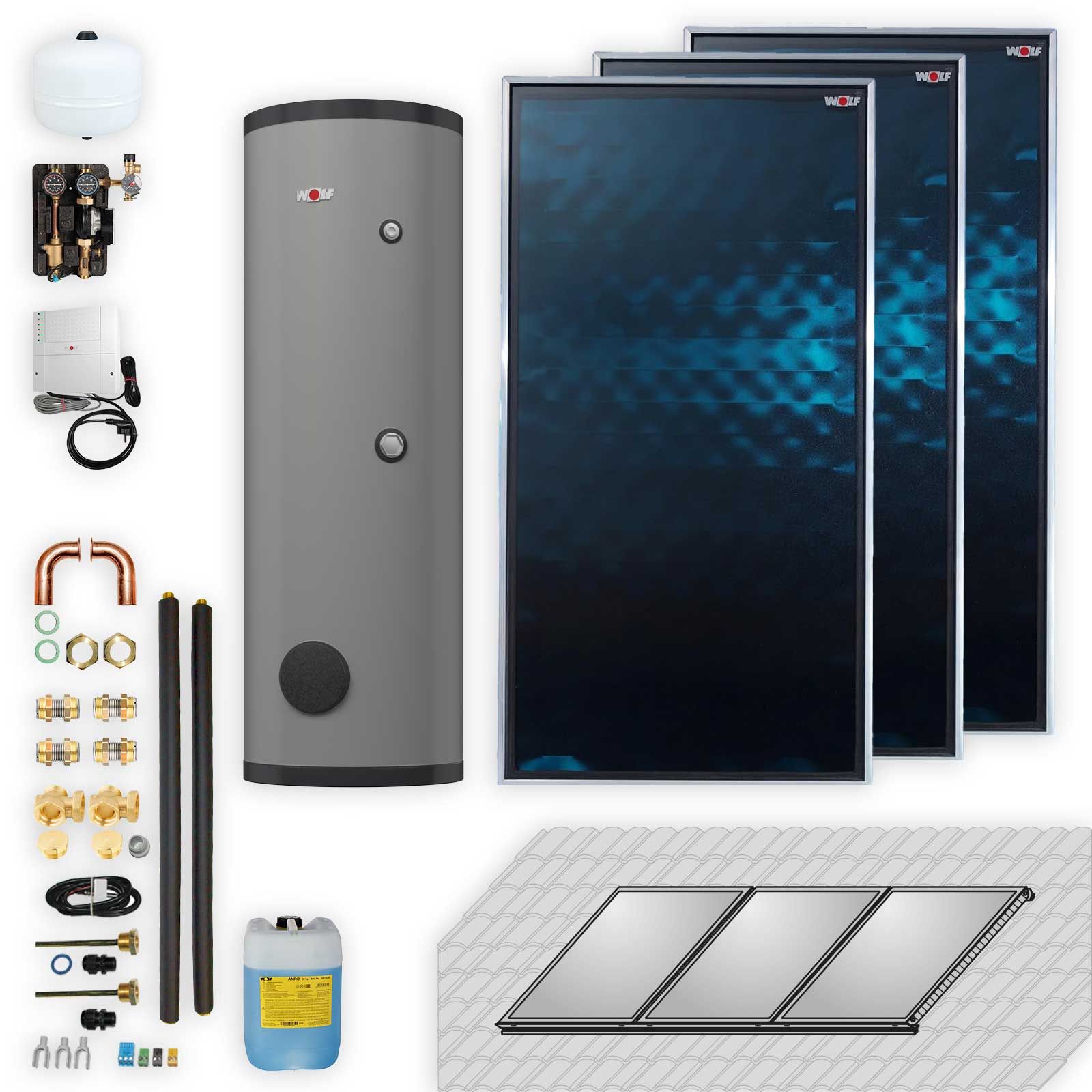 Wolf Solar Paket 6,9 m² mit 3 Flachkollektoren CFK-1, SM1-2 Regelung, Solarspeicher SEM-2-400