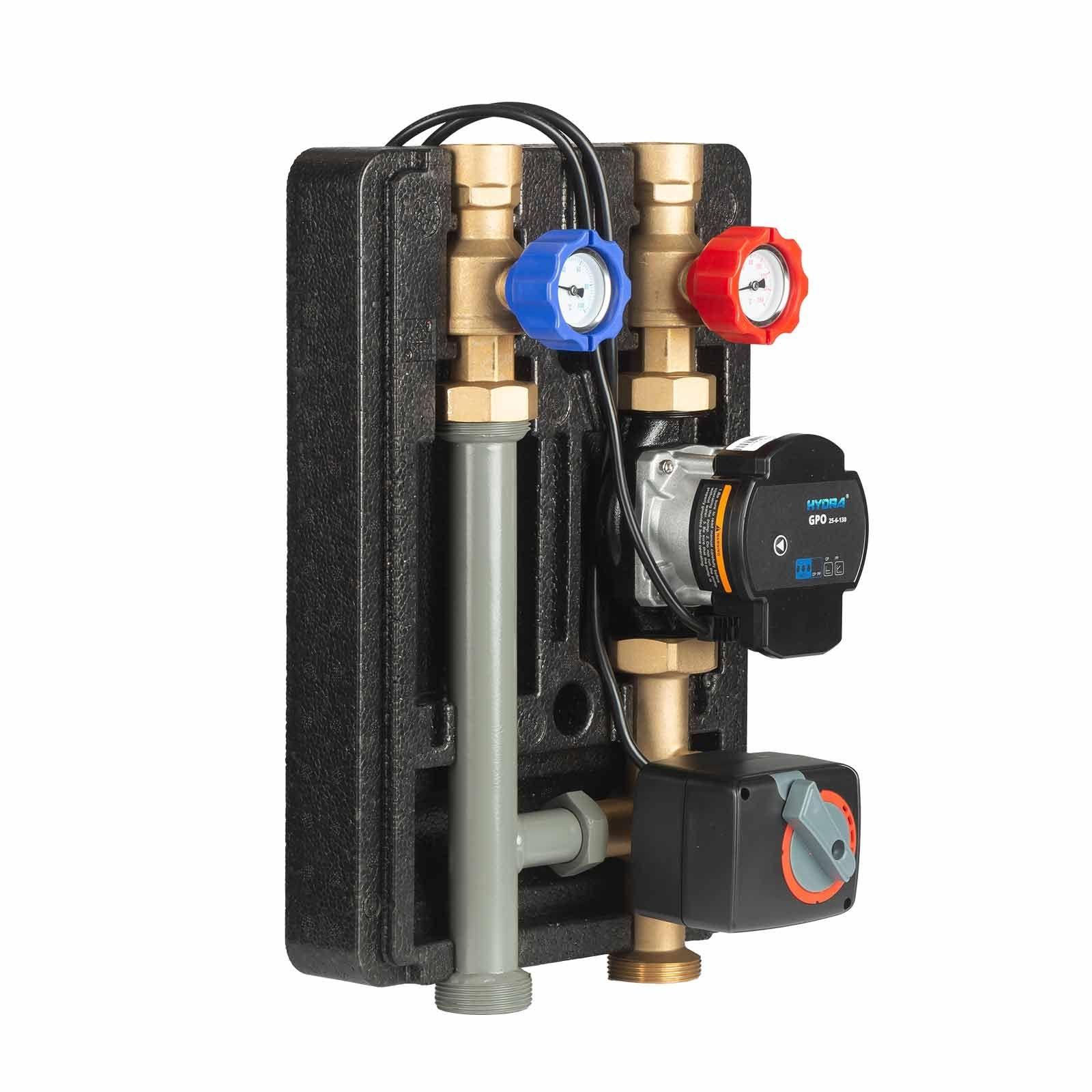 Zweiwege Pumpengruppe mit Hydra GPO 25-6-130 mit Mischventil und Stellmotor Kugelhahn DN 25