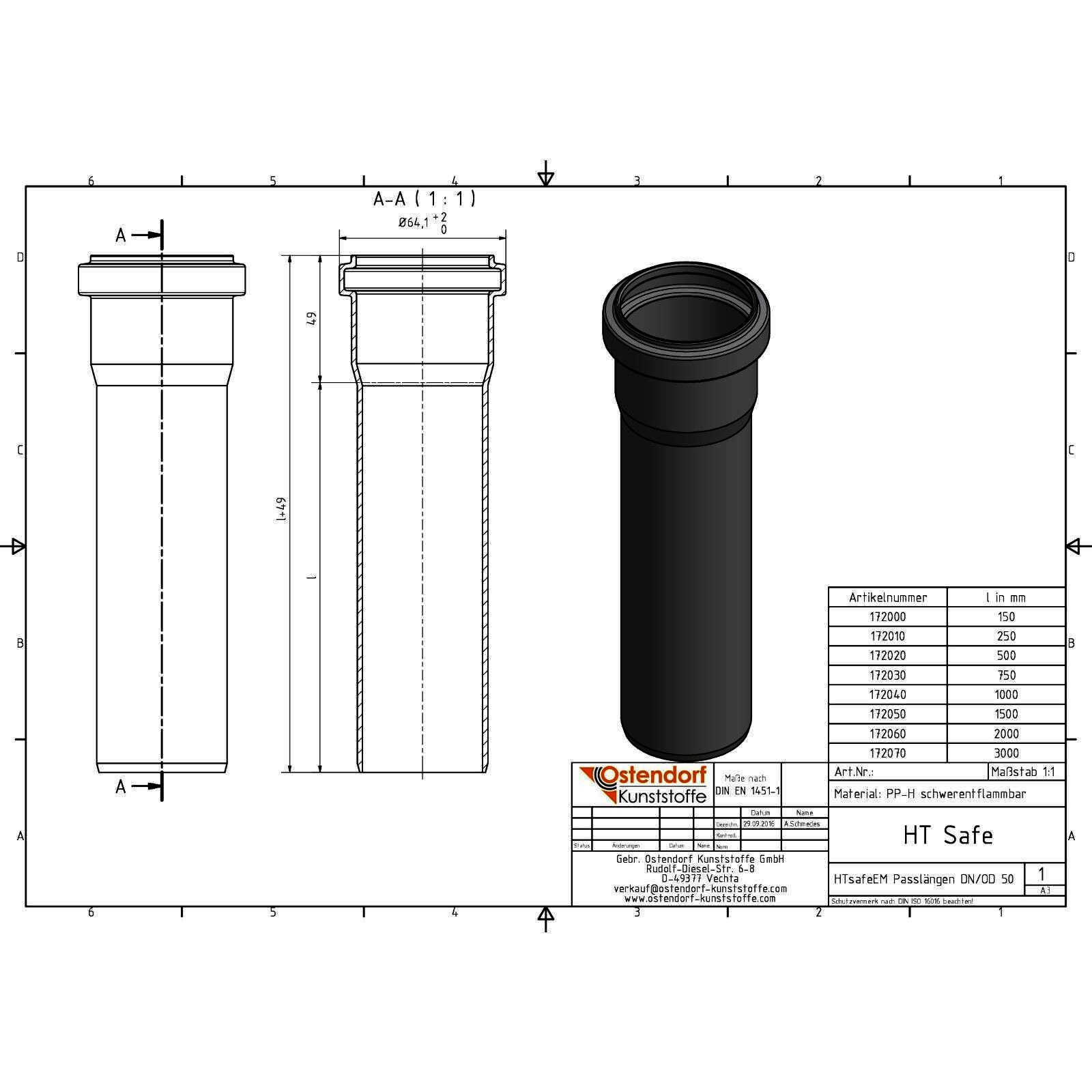 HTsafe Rohr mit Muffe DN 50 500 mm