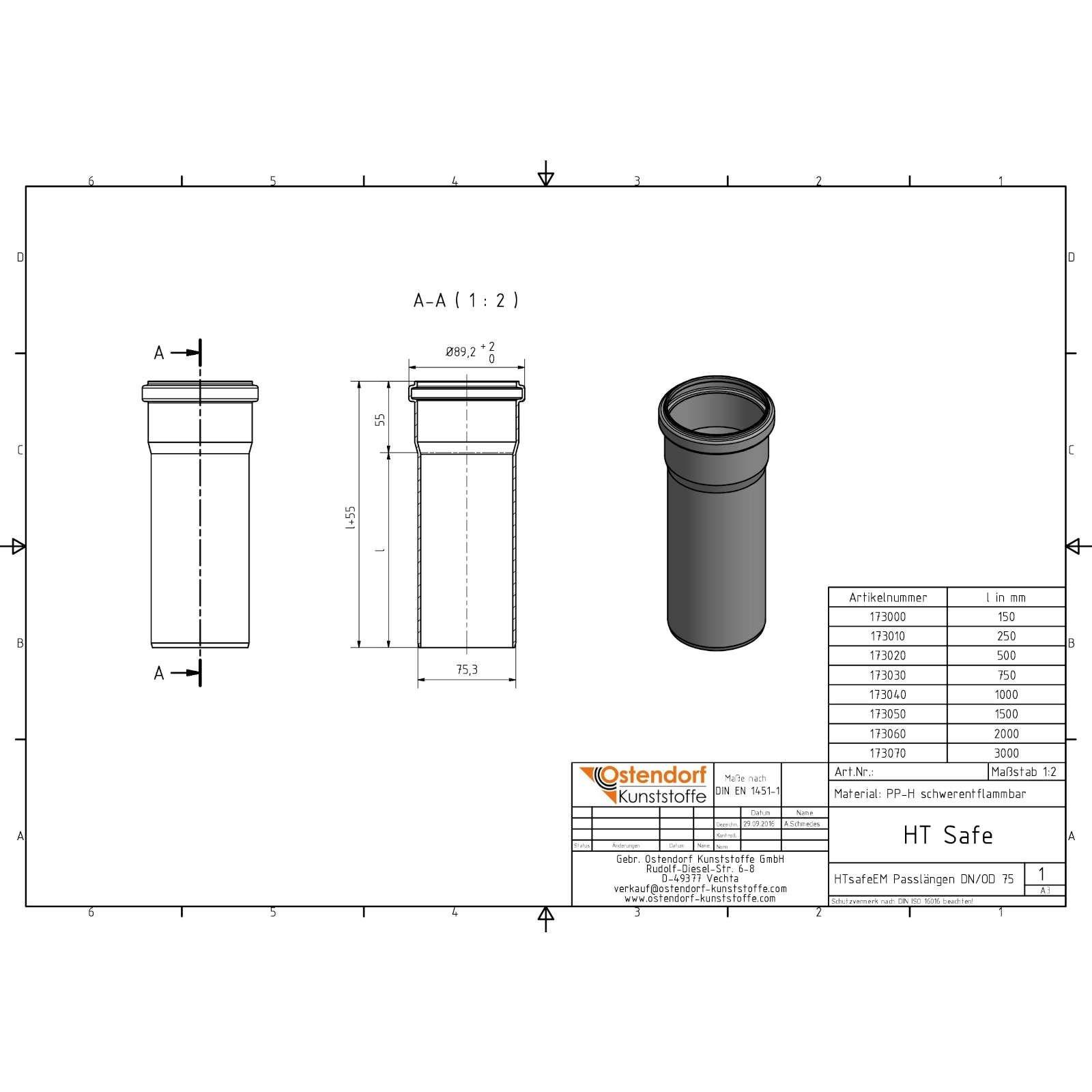HTsafe Rohr mit Muffe DN 75 500 mm